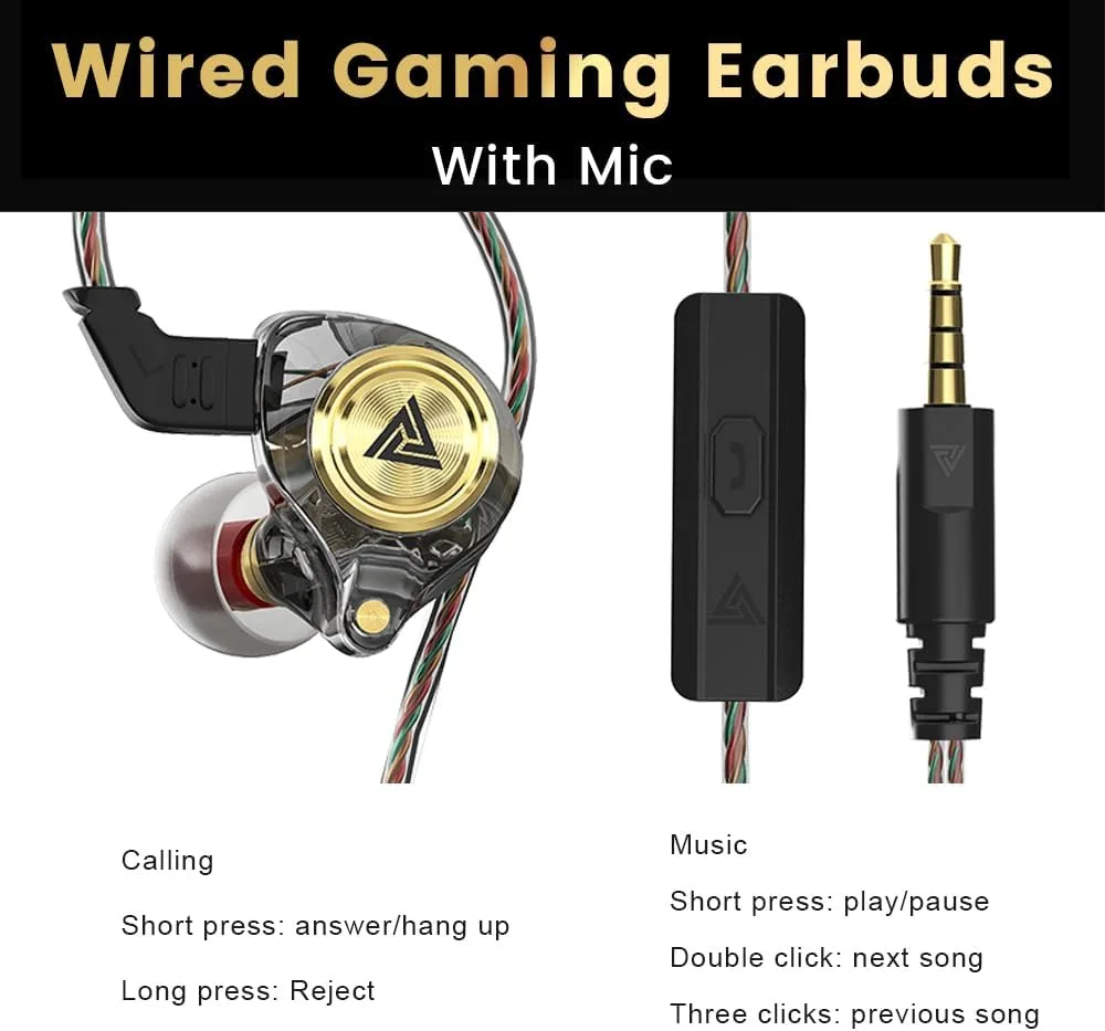 Wired Gaming Earbuds 2 Pack, Ak3file in Ear Monitors, Deep Bass Sound Wired Earbuds, HiFi in Ear Headphones with 1DD 10mm Dynamic Driver, IEM for Music Gaming Video Calling (Black+Black)