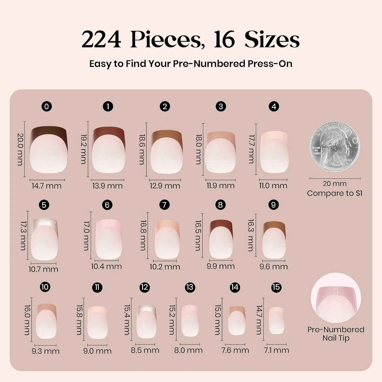 Beetles Full French Tip Press On Nails-7 Colors Short Square Brown, 224 Pcs