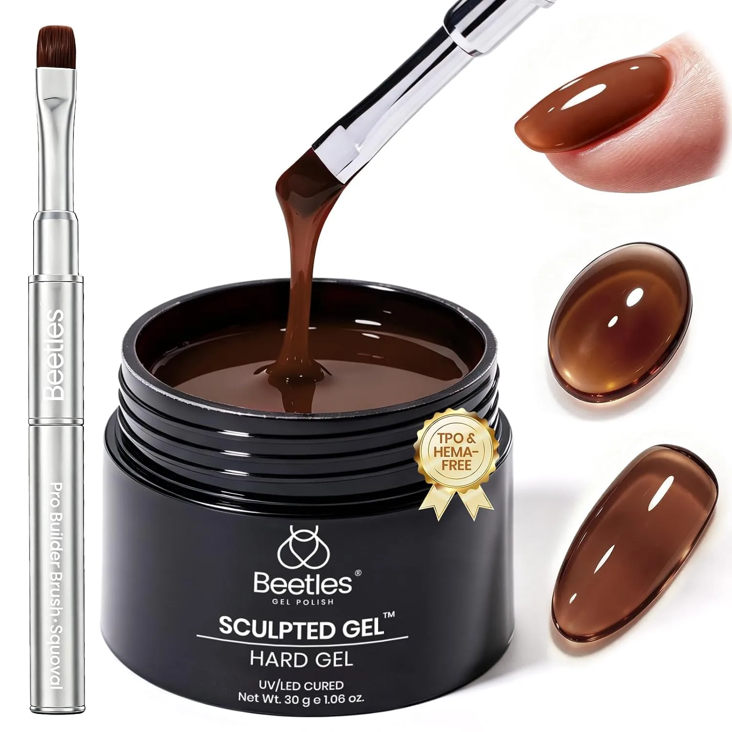 Gel duro para uñas Beetles Maple Ember Brown 30g sin HEMA ni TPO con pincel plano
