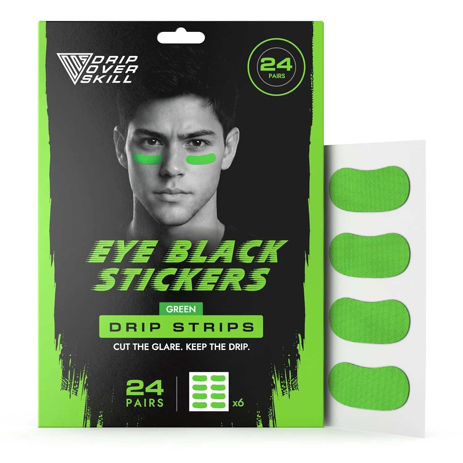 DRIP Strips Pro-Grade Eye Black Stickers, 24 Pairs, Natural Flex & Stretch Eye Black Face Strips, Breathable, Sweat-Proof, Eye Black Baseball, Softball, Football, Lacrosse, Green Flash OG Strips
