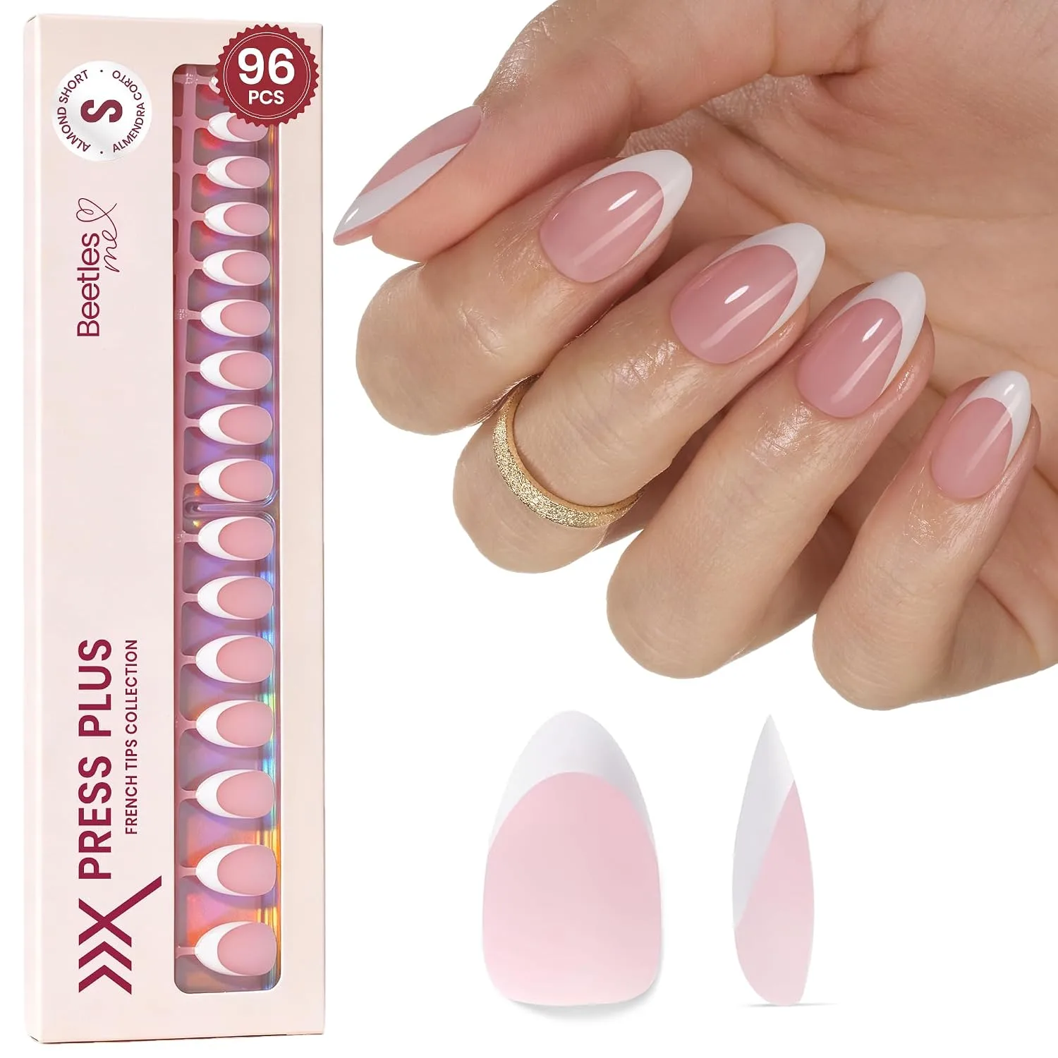 Beetles French Tip Press On Nails, 96-Piece Short Almond, 16 Sizes