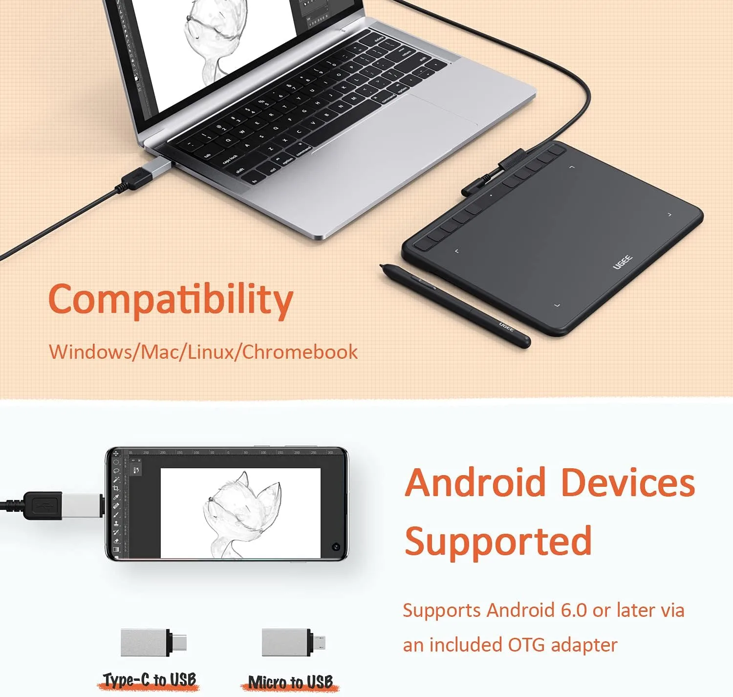 UGEE S640 Graphics Drawing Tablet, Digital Draw Art Pad with Pen Battery-Free Stylus Tilt Function 8192 Levels Pressure Sensitivity 10 Express Keys for Mac, Windows PC and Android
