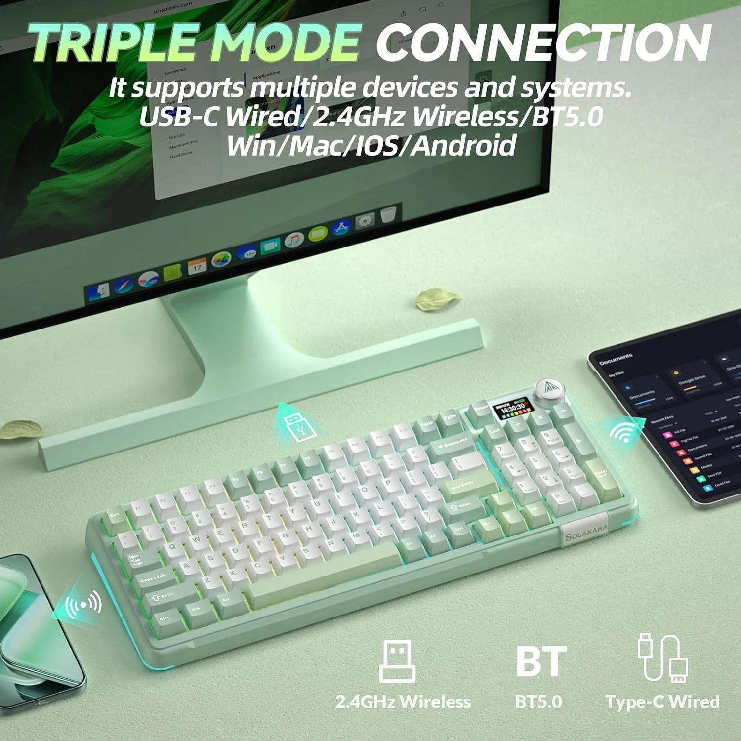 SOLAKAKA A99 Pro Wireless Mechanical Keyboard with BT5.0/2.4GHz/USB-C, LCD Screen & Metal Knob, Gasket-Mounted Gaming Keyboard, Full Hot-Swappable, RGB Creamy Keyboard for Win/Mac