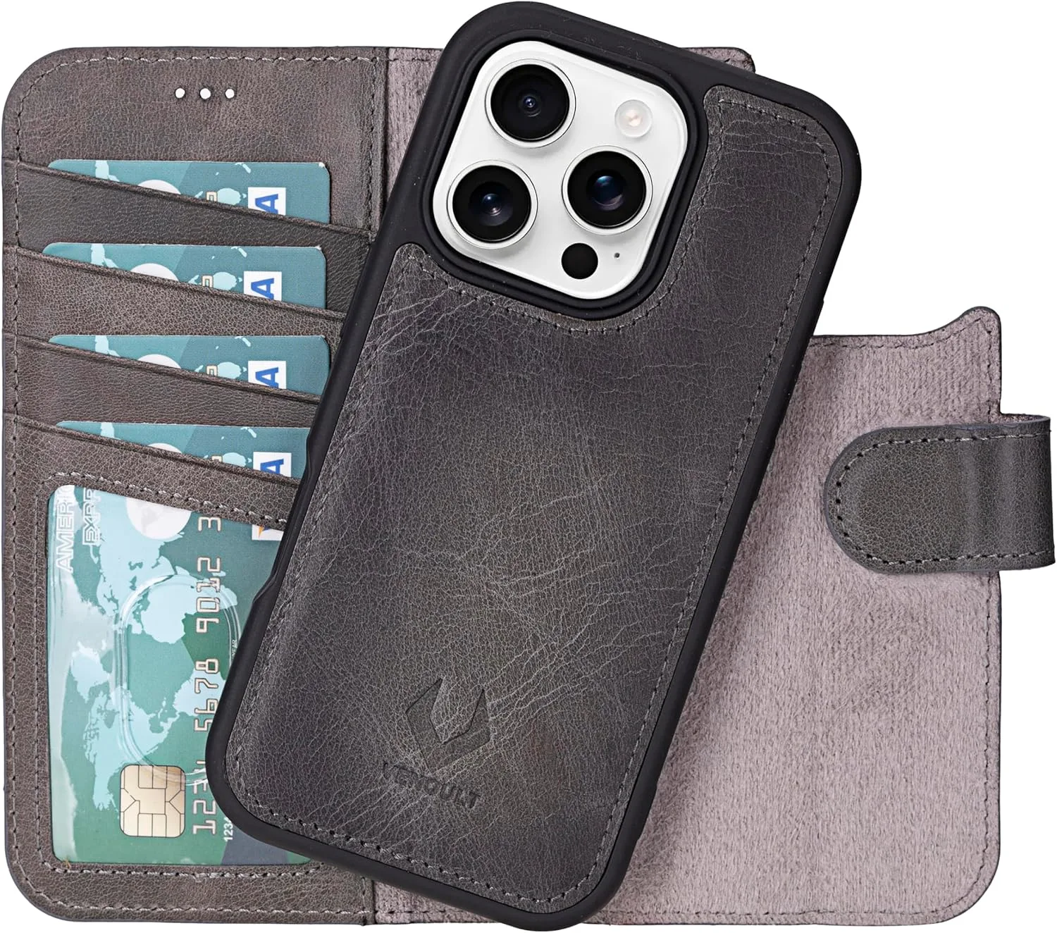 VENOULT Wallet Case for iPhone, Full Grain Genuine Turkish Leather, Magnetic Detachable, RFID 4 Card Slots, Business Style, Compatible with MagSafe (Sandy, iPhone 16 Pro)