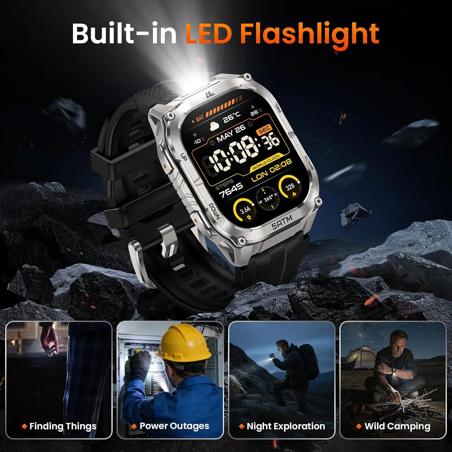 KOSPET Tank M4C Smart Watch with GPS, 5ATM/IP69K Waterproof, LED Flashlight