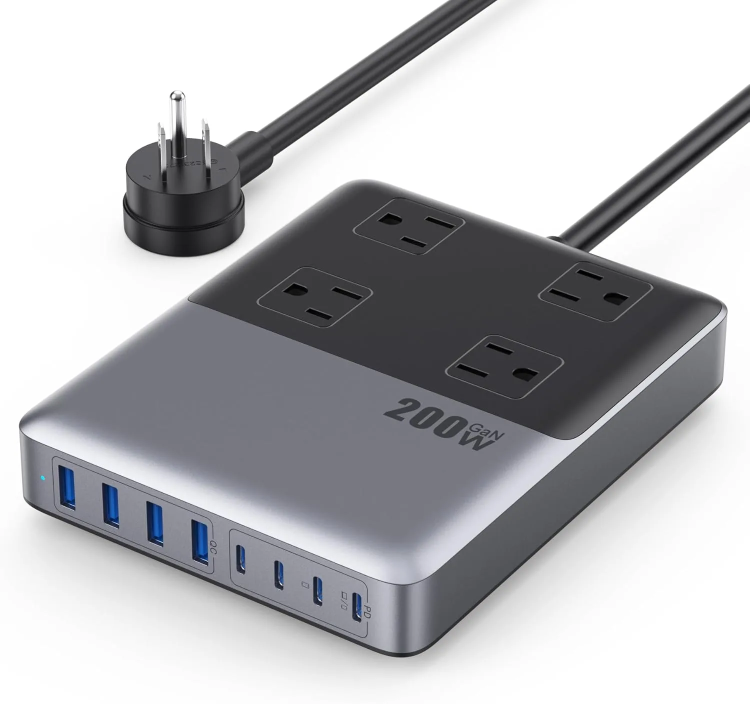 12-in-1 Charging Station USB C Power Strip with 5ft Cord and Plug,200W GaN IV USB C Charger Block,4 AC Outlets,8 USB for MacBook,iPhone 18/17/16/15,Fast Charging Desktop Charger for Office,Home