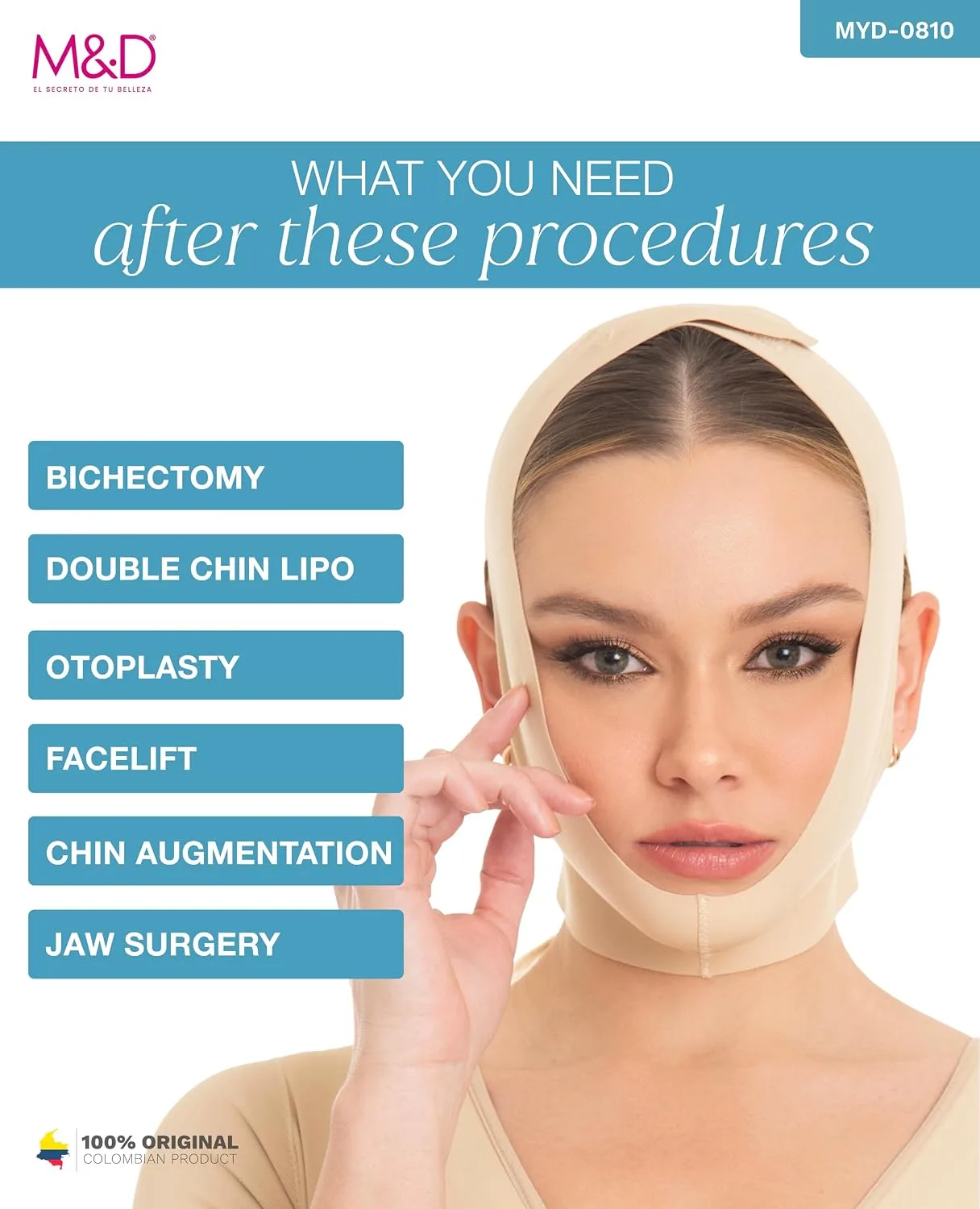 M&D Face Slimming Chin Strap Lipo Compression Garment Mentonera Postquirúrgica Facial Beige M