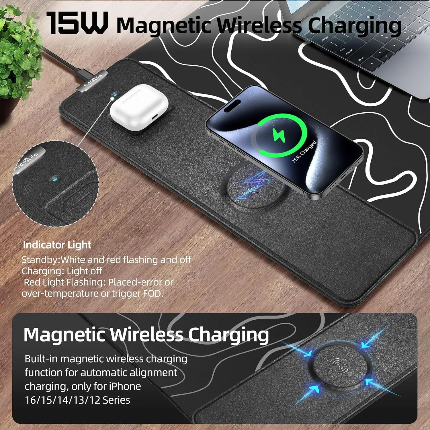 Magnetic Wireless Charging Mouse Pad, 31.5"x15.8" XXL Desk Mat