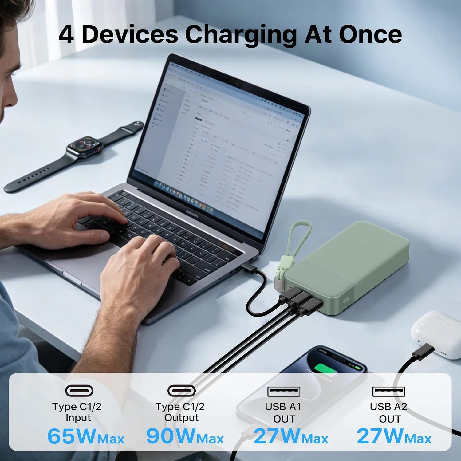 NOBIS Portable Charger 20000mAh 90W Power Bank w/Detachable Cable