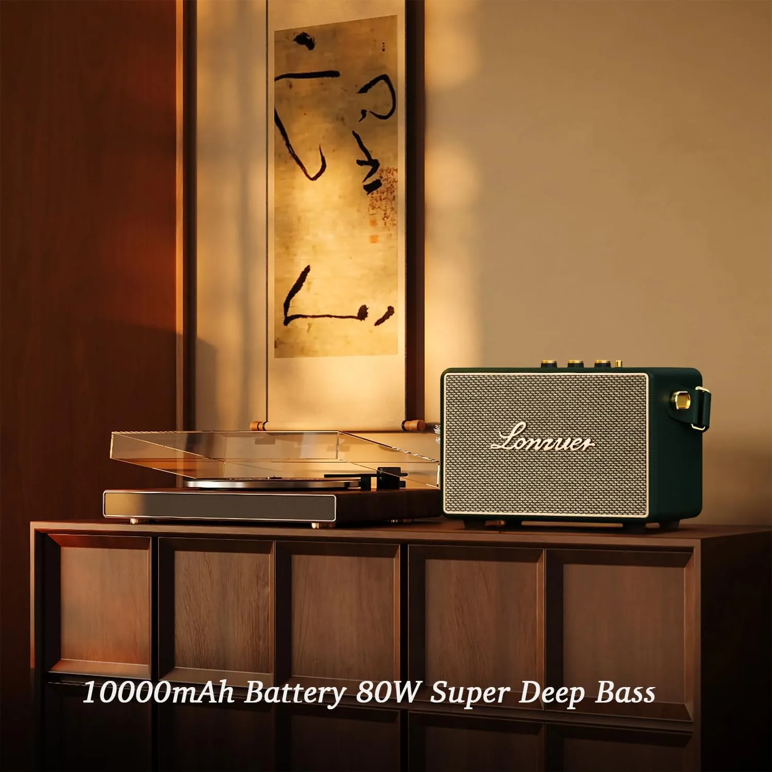 Vintage Home Decor Wireless Bluetooth Wooden Carrying Portable Speaker Deep Bass with Fabric Grill Leather Strap Handle-Green