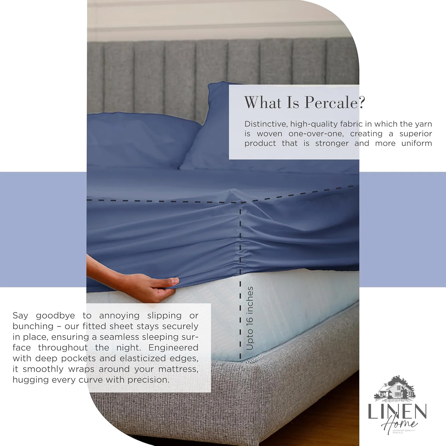 Linen Home 100% Cotton Percale King Sheets, 4 Pc Cooling Set - Dark Blue