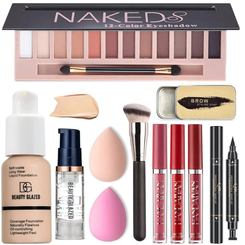 All in One Makeup Kit For Girls 12 Colors Naked Eyeshadow Palette, Nude Foundation Face Primer, Makeup Brush, Makeup Sponge, Eyebrow Soap Kit Brows Gel, Winged Eyeliner Stamp Makeup Set (SetA)