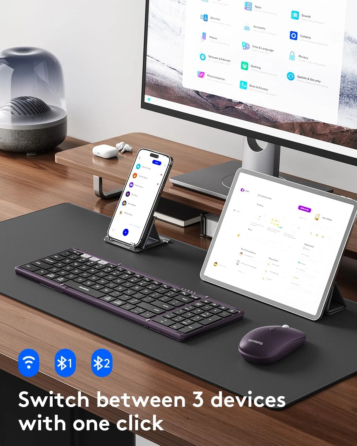 Foldable Keyboard and Mouse, Samsers Folding Bluetooth Keyboard Combo, 2.4G + BT5.0 x 2, Full-Size Portable Travel Keyboard & Rechargeable Wireless Mouse for Windows Android iOS Mac OS, Misty Purple