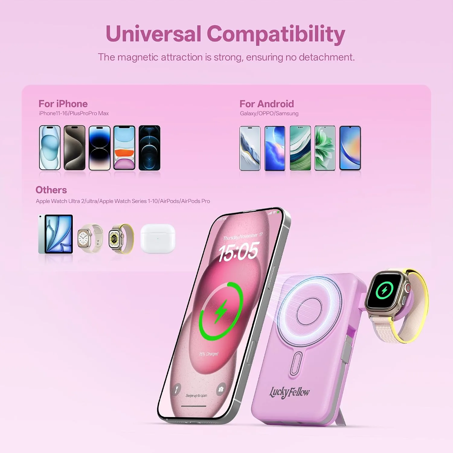 Magnetic Portable Charger Built-in Cables,10000mAh Fast Charging Wireless Charger Station External Battery Pack Slim Pocket Size Power Bank with Stand Compatible with iWatch, iPhone