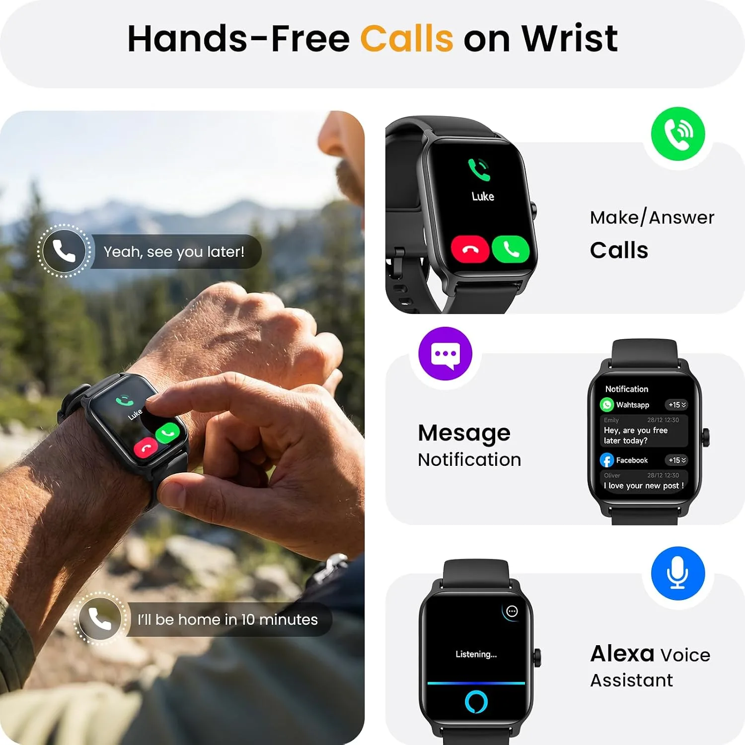 Fitpolo Smart Watches for Men Android & iPhone, Alexa Built-in [1.8" HD Screen] IP68 Waterproof Fitness Watch with Bluetooth Call (Answer/Make), Heart Rate/Sleep/SpO2 Monitor, 105+ Sports Tracker
