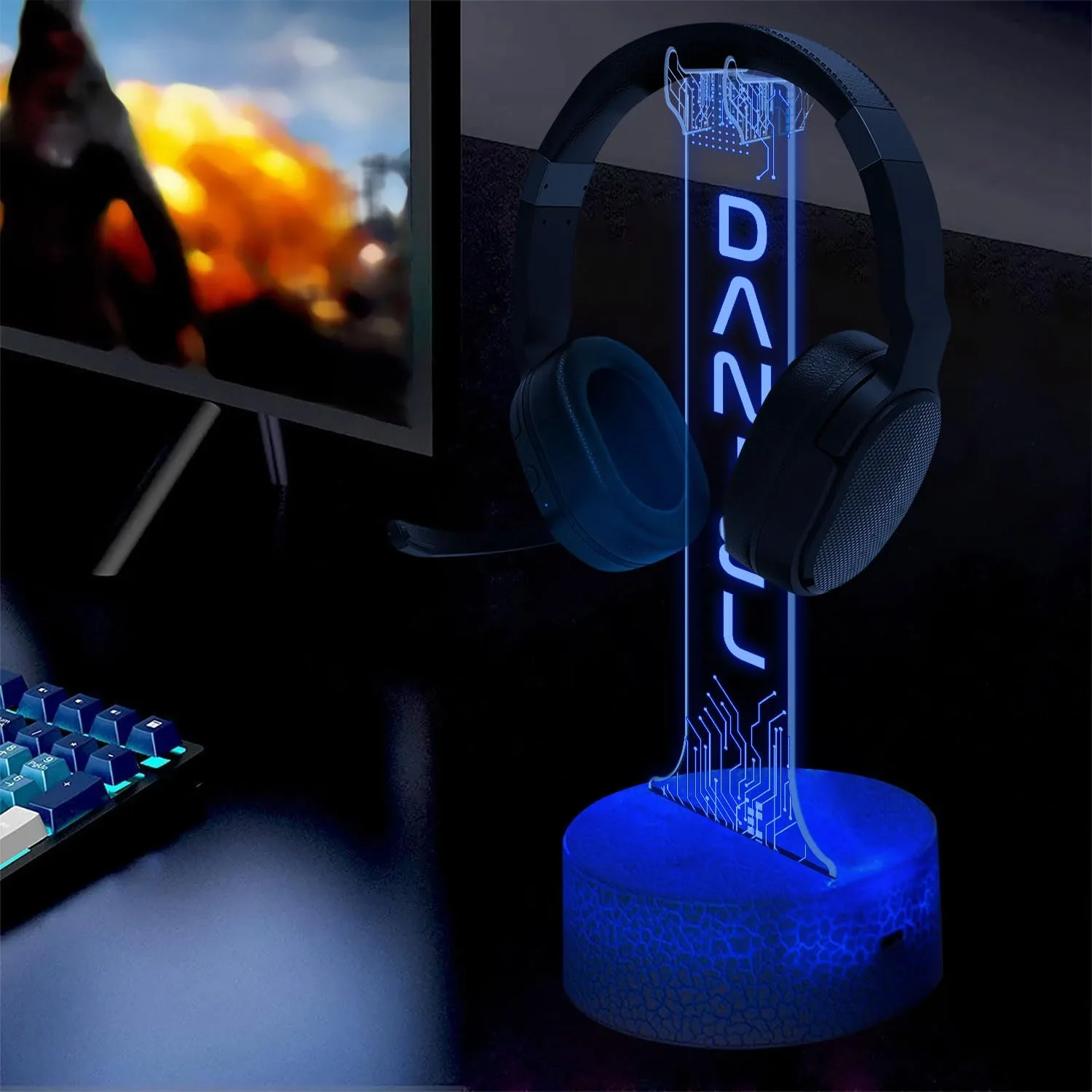 Custom Headphone Holder with RGB LED Lights, Personalized Headset Holder Engraved with Name, Gaming Desk Organizer, Gamer Room Decor, Gift for Boyfriend, Teen Gamer or Streamer
