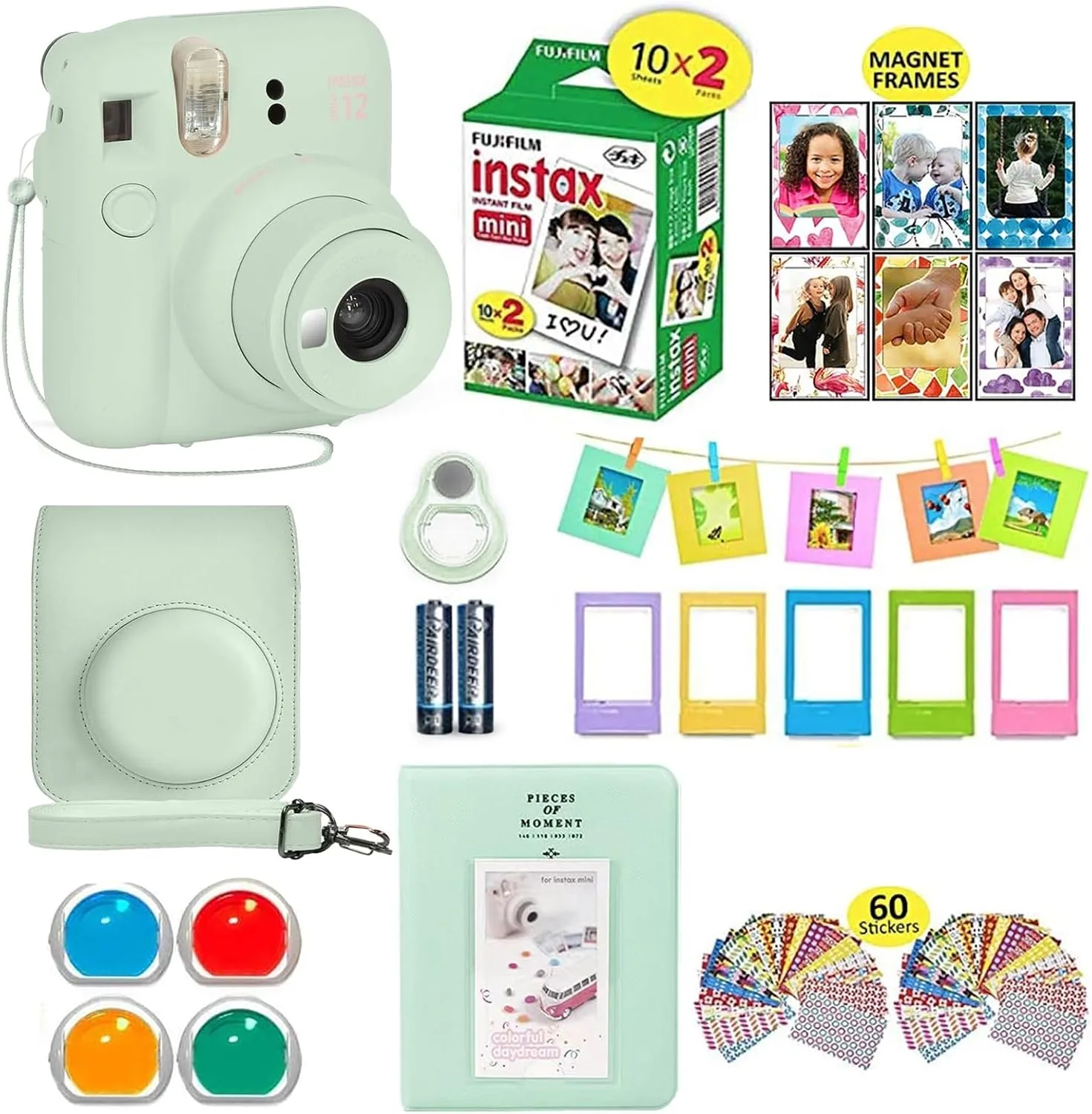 Fujifilm Instax Mini 12 Instant Camera Clay White + Shutter Compatible Carrying Case + Fuji Film Value Pack (20 Sheets) + Shutter Accessories Bundle, Color Filters, Photo Album, Assorted Frames