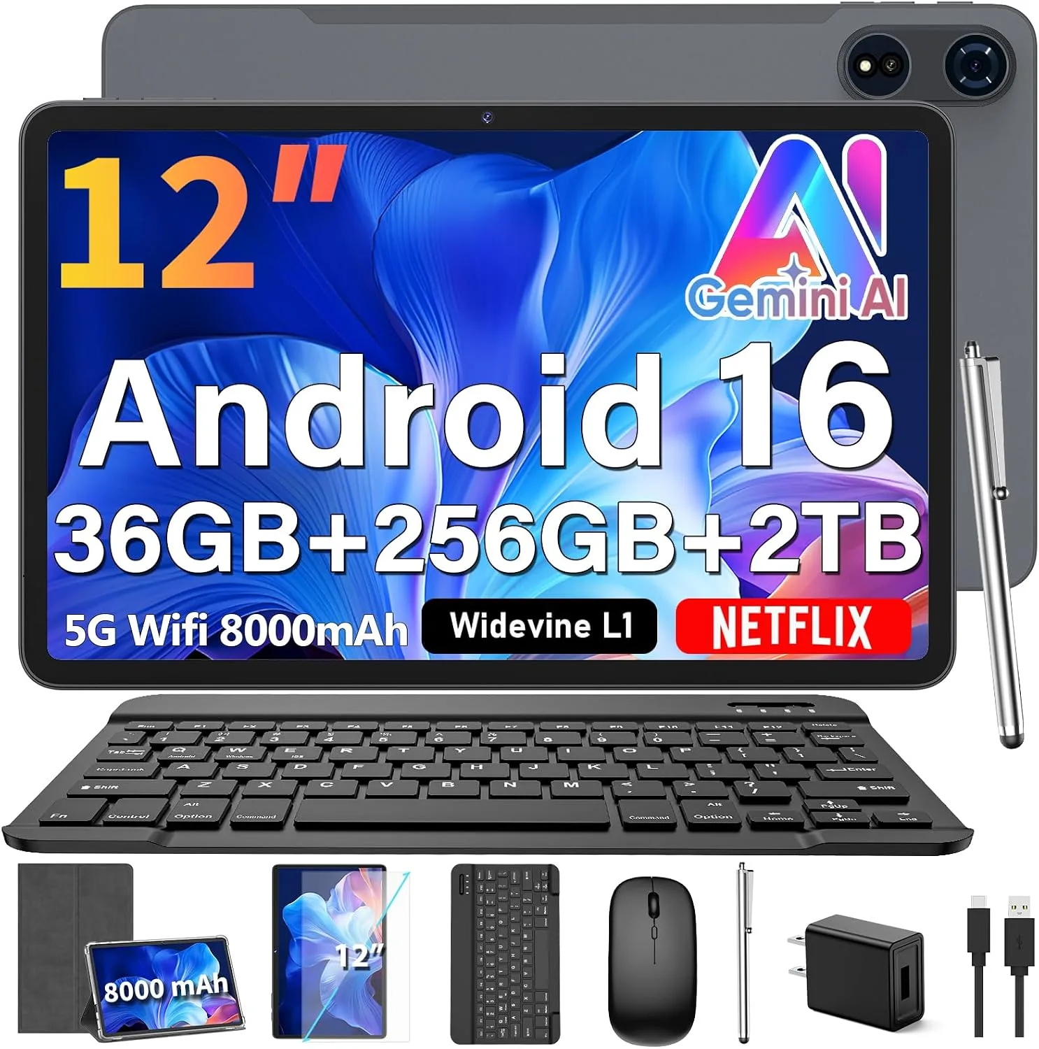 12 Inch Tablet with Keyboard - Android 16 Tablet, 36GB+256GB+2TB, Gemini AI