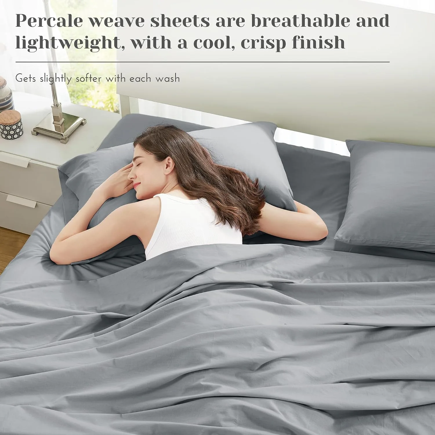 Comfort Spaces 100% Cotton Percale Sheets Queen Sheet Set 4 Pcs, Dark Gray