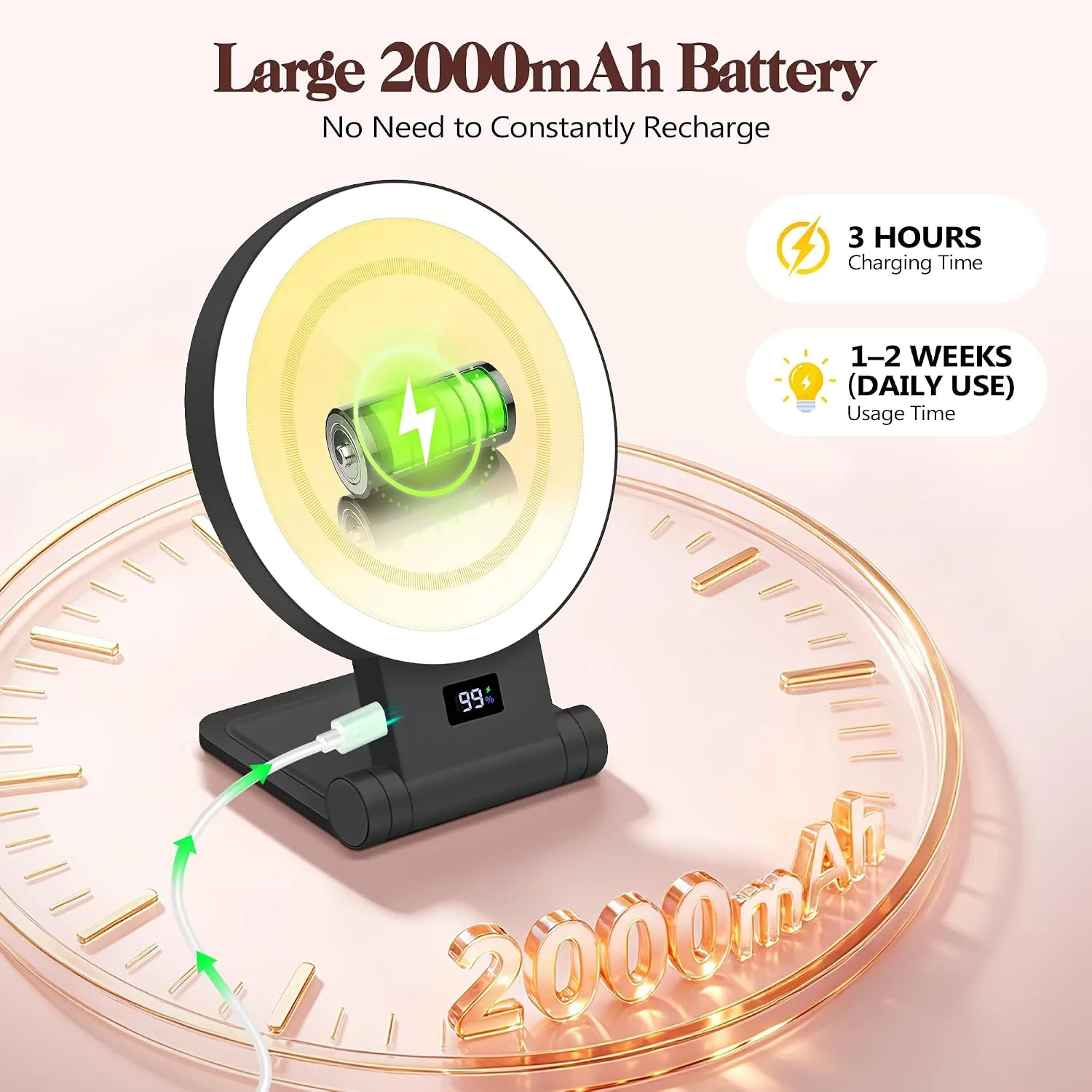 B Beauty Planet Magnifying Mirror with Light 30X, 2000mAh 1X/ 30X Makeup Mirror with Standable Base & Tweezers, 3 Color Modes with Adjustable Brightness& Smart Display, Foldable for Travel Black