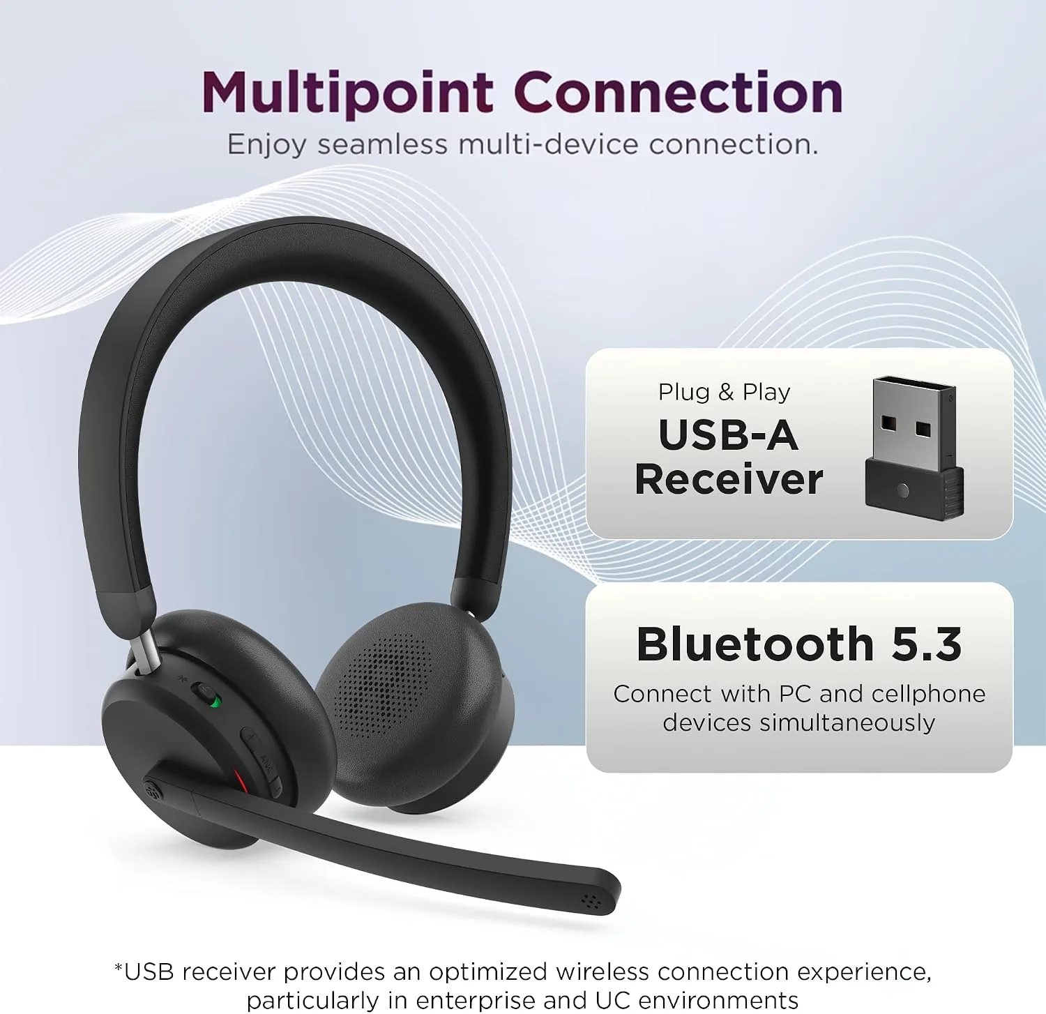 Lenovo Dual Mode Wireless ANC Headset 6550 with USB-A Receiver – Microsoft Teams Certified, Hybrid Active Noise Cancellation, Bluetooth Dual Connectivity, Long Battery Life, Business Headset, Black