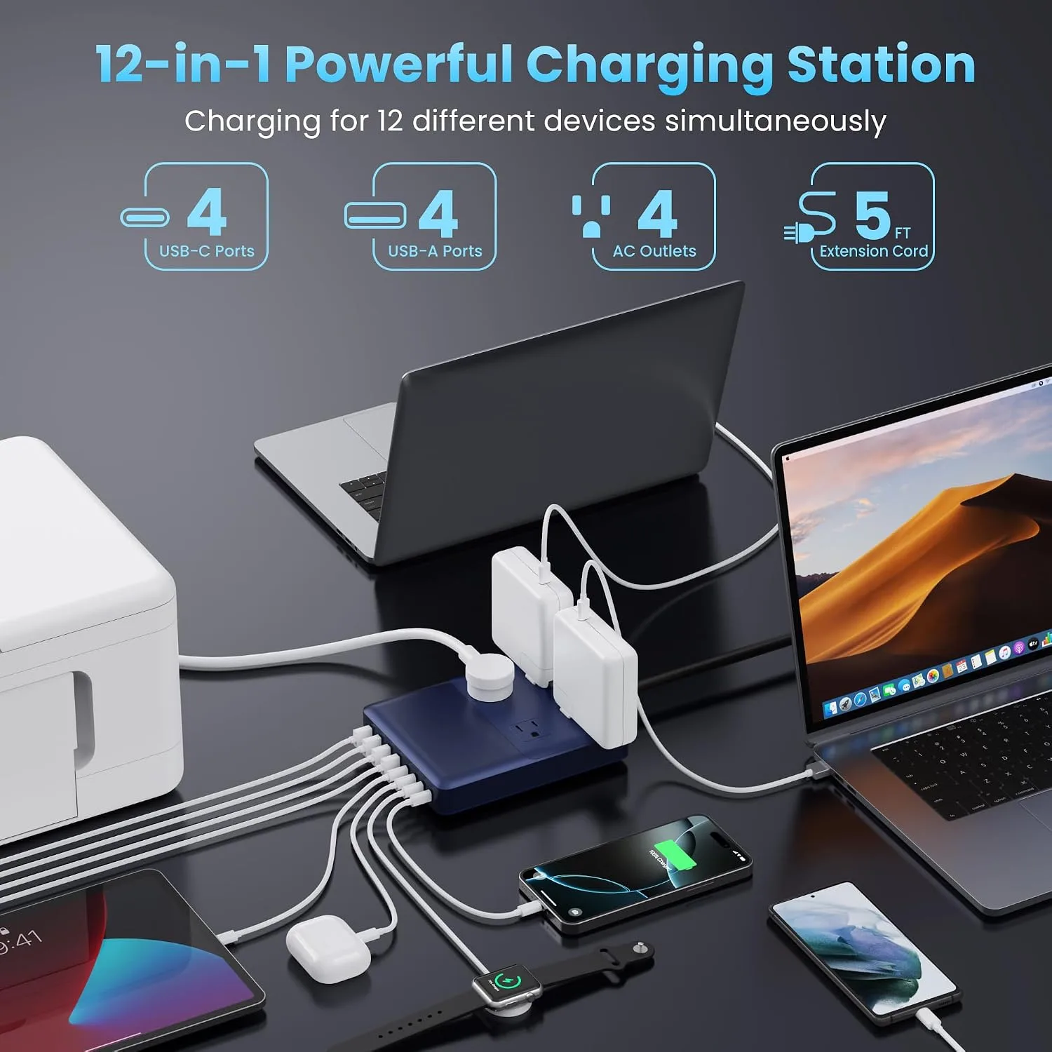 12-in-1 Charging Station USB C Power Strip with 5ft Cord and Plug,200W GaN IV USB C Charger Block,4 AC Outlets,8 USB for MacBook,iPhone 18/17/16,Fast Charging Desktop Charger for Office,Home Blue