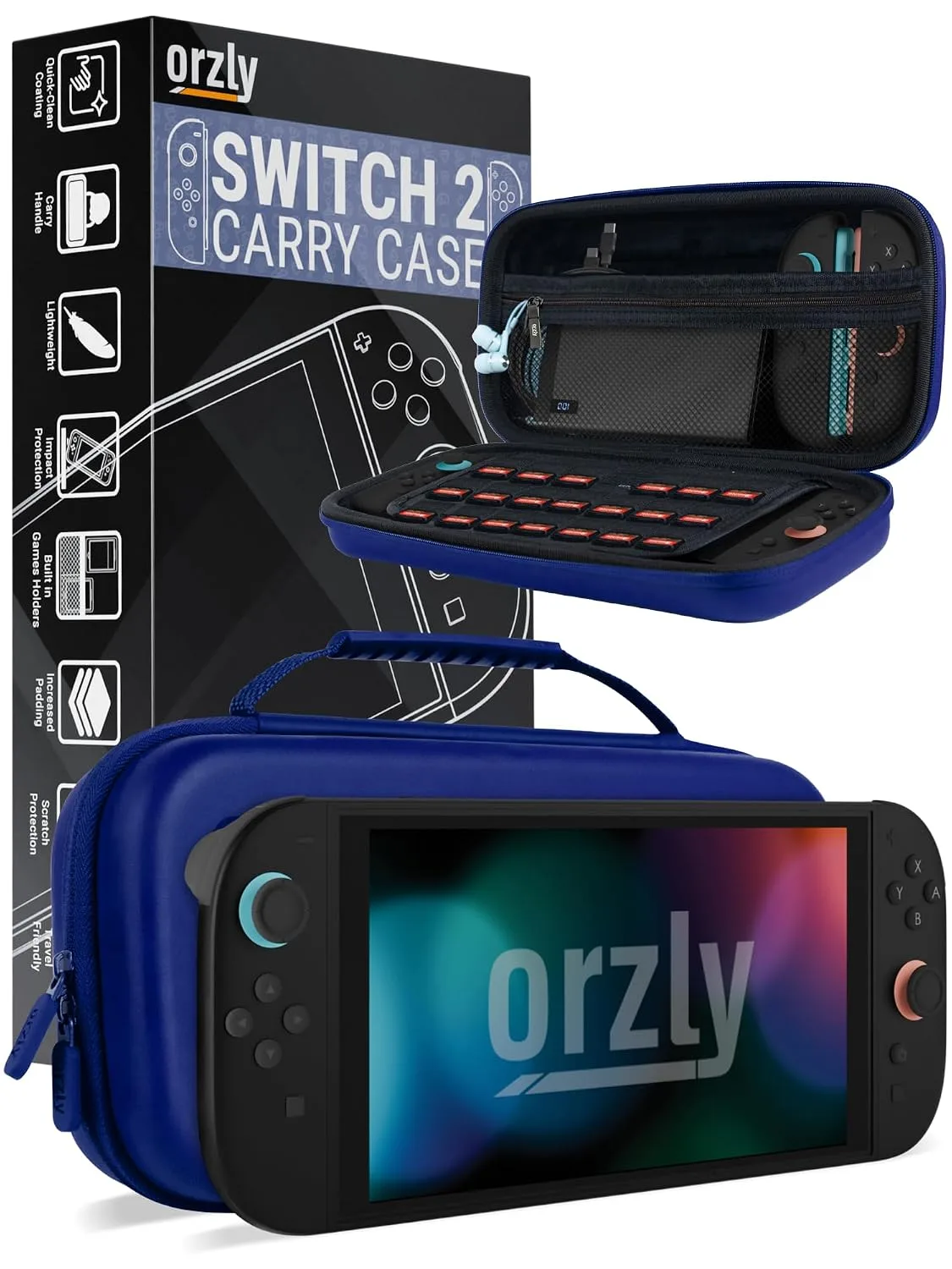 Orzly Case Compatible with Switch 2 – Protective Travel Carry Case with Screen Padding, Game Card & microSD Slots, Zipped & Open Pockets for Accessories – 7.9" Gift Boxed