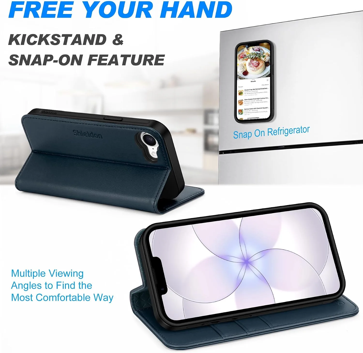 SHIELDON 2 in 1 Genuine Leather Wallet Case for iPhone 17e 6.1", Navy Blue
