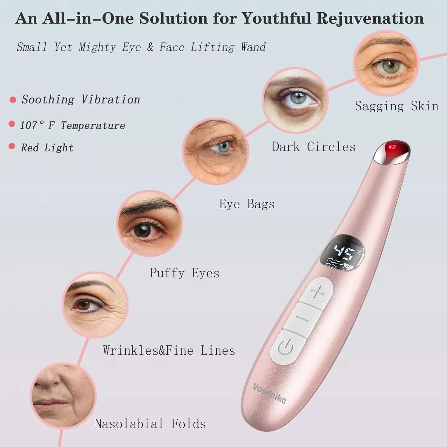Heated Eye Wand, 3-in-1 Vibrating Eye Lift Wand, Rose Gold
