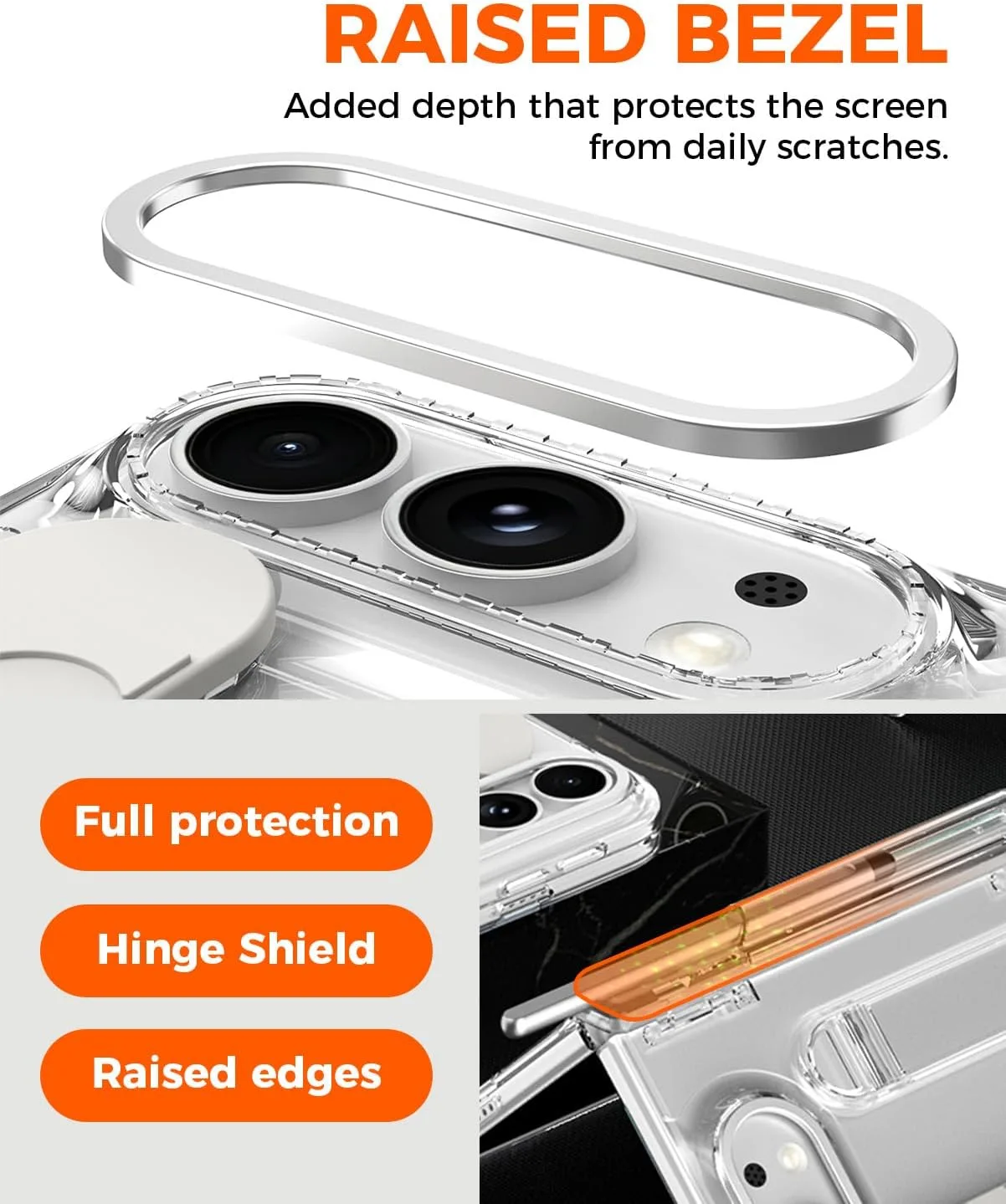 NINKI Transparent Hand Strap for iPhone Duo Case with S Pen Holder & Stylus, Hidden Kickstand, Shockproof Hinge Protection + Screen Protector Grip Folding Cover for iPhone Duo Case with Pen Slot Clear
