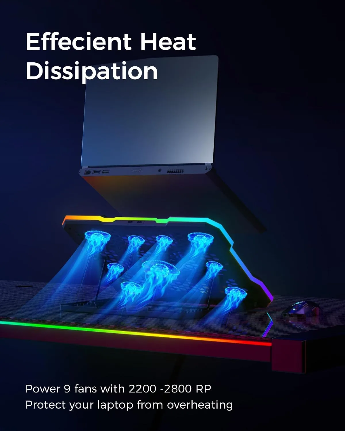 ChillCore Laptop Cooling Pad, RGB Lights Laptop Cooler 9 Fans for 15.6-19.3 Inch Laptops, Gaming Laptop Fan Cooling Pad with 8 Height Stands, 2 USB Ports - A21 Blue