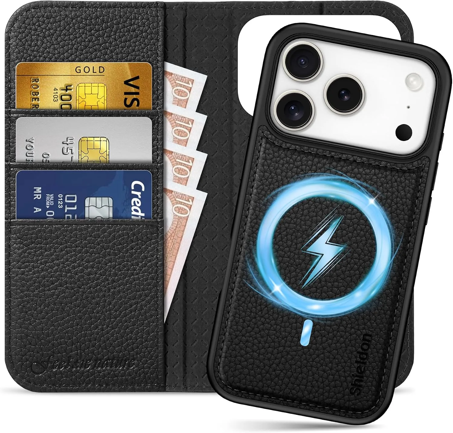 SHIELDON 2 in 1 Leather Case Wallet for iPhone 18 Pro/17 Pro, Pebbled Black