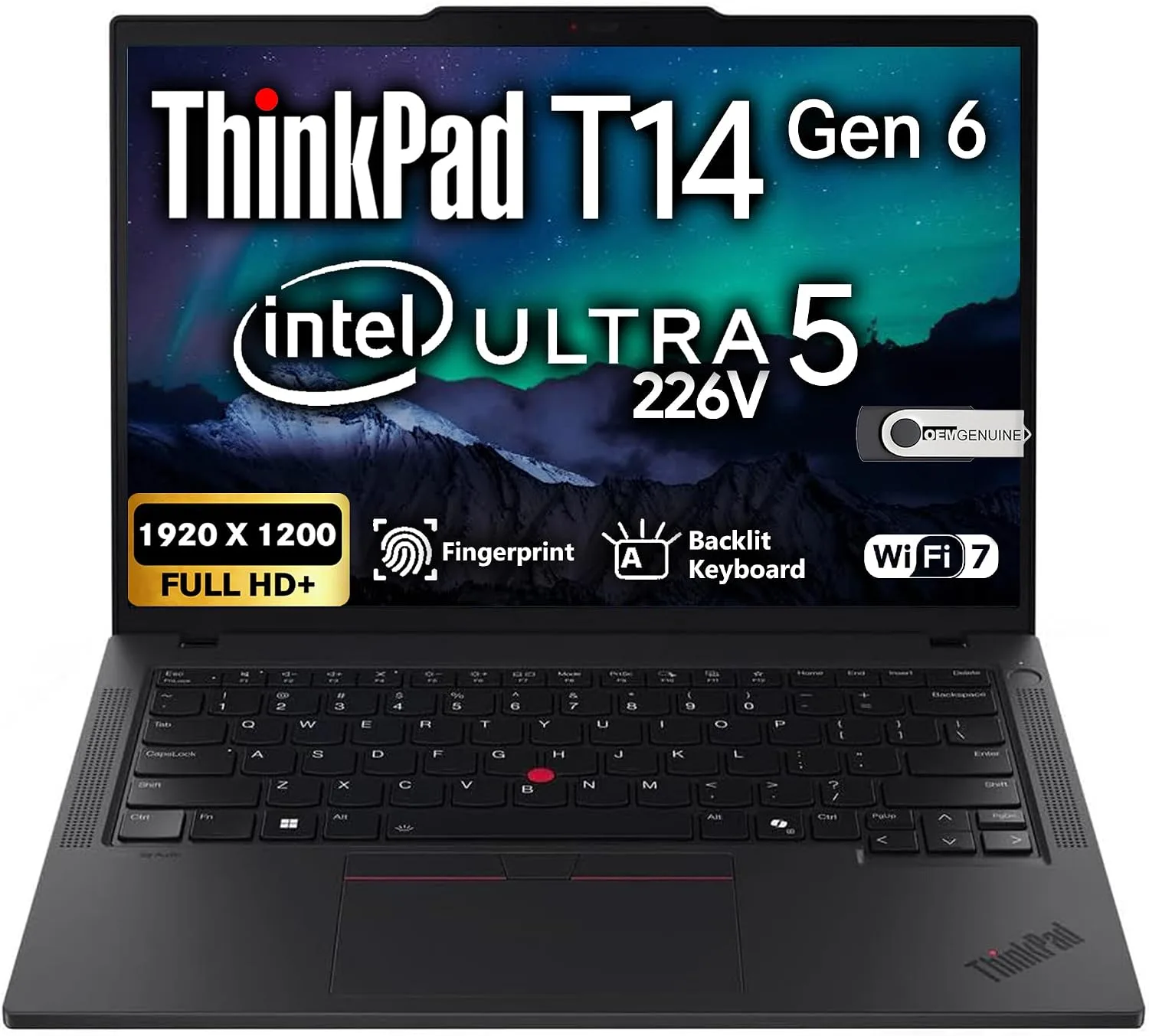 Lenovo ThinkPad T14 Gen 6, 14" FHD+ Display, Intel Ultra 5 226V, 16GB LPDDR5X RAM, 1TB SSD PCIe, Fingerprint, Backlit Keyboard, WiFi 7 + BT, RJ-45, FHD Webcam, Win 11 Pro, AI Business Laptop - Black