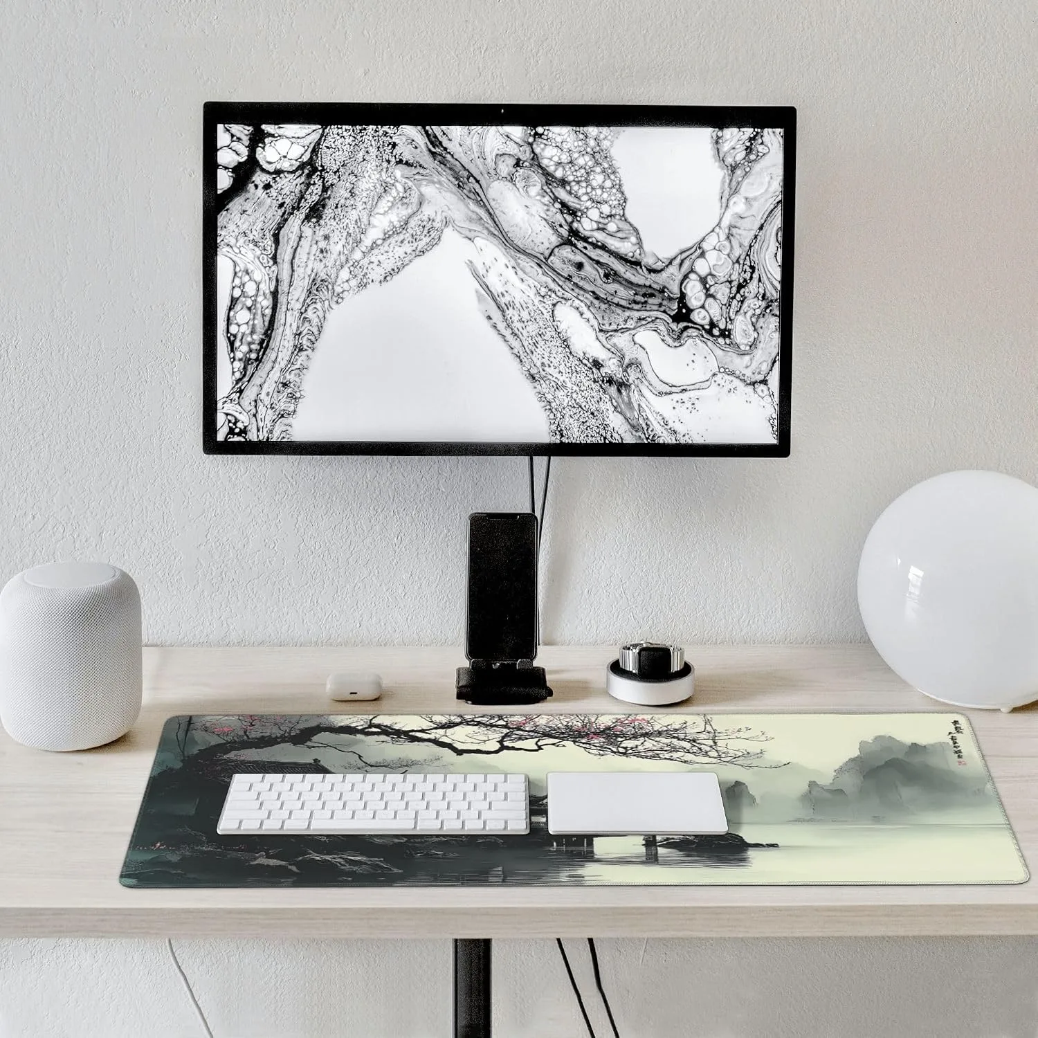 XL Extended Mouse Pad & Keyboard Desk Mat, Japanese Watercolor Cherry Blossom, Non-Slip Rubber Base, 35.4" x 15.7