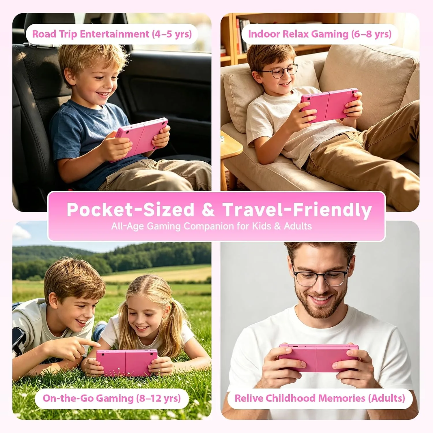 Handheld Game for Kids, 10 Preloaded Classic Retro Games, 3.0'' IPS Screen Portable Gaming Device, Rechargeable Video Game Player, Mini Arcade Travel Electronic Toy Gifts for Boys and Girls (Pink)