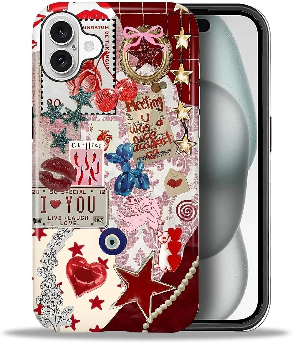 DAIZAG Case for iPhone 16,Mixed 2 Layer Design Shockproof Soft TPU Ddouble Protection Phone Case for iPhone 16-Conch Red Pearl Collage