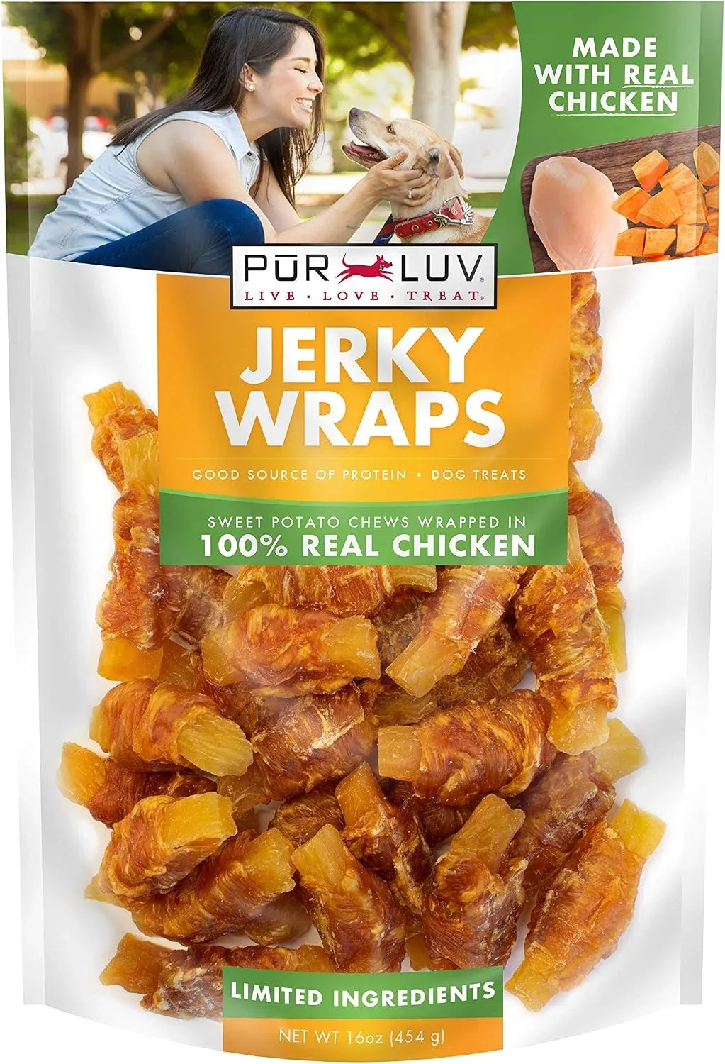 Snacks para perros Pur Luv pollo envuelto en camote 16 oz