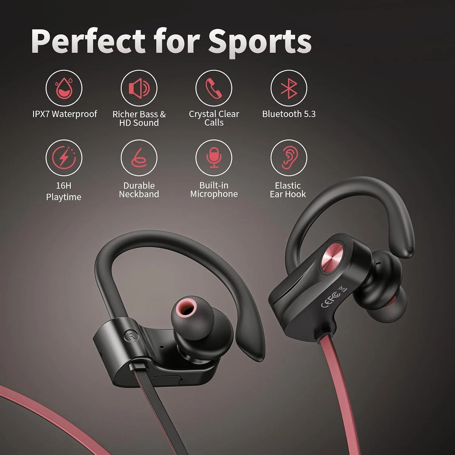 JOYWISE Wireless Bluetooth 5.3 Wireless Headphones with 16Hrs Long Playtime Stereo IPX7 Waterproof in-Ear Earphones, Noise Cancelling Headphones for Running, Black&Pink