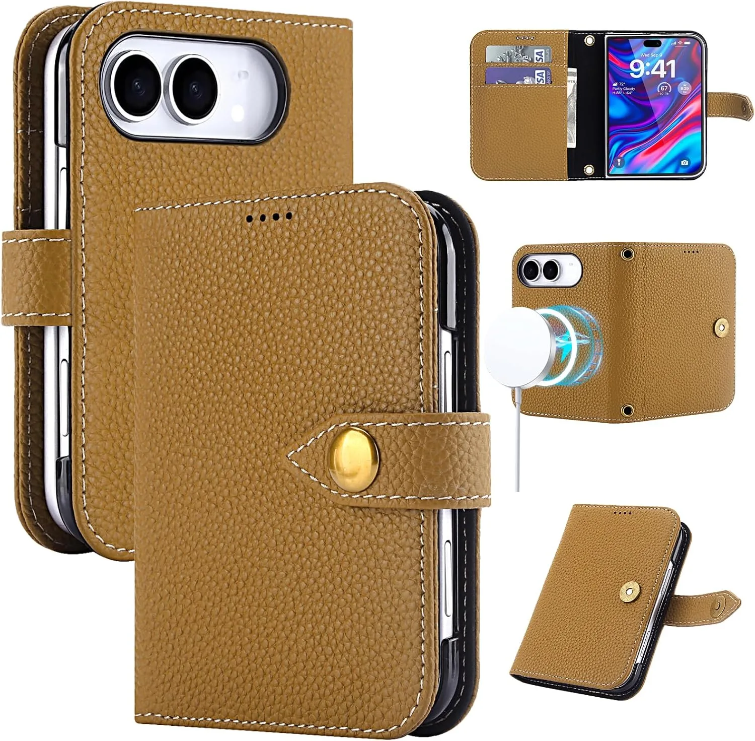 for iPhone Duo Case Wallet Genuine Leather for Magsafe, Brown