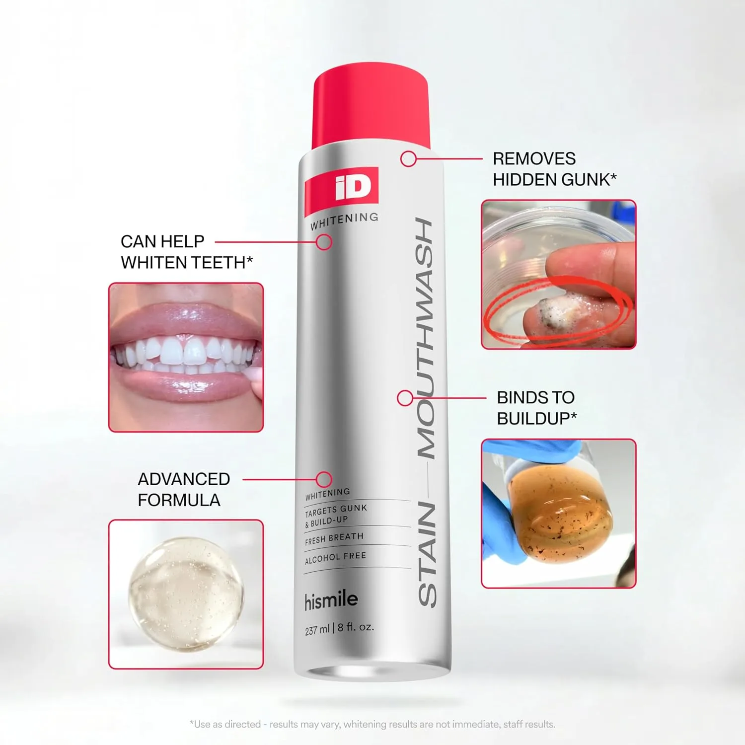 Hismile iD Stain Whitening Mouthwash, Gunk Removing Mouthwash for Fresh Breath, Hydrogen Peroxide Mouthwash to Promote Whiter Teeth, Peroxide Rinse with Essential Oils 237ml