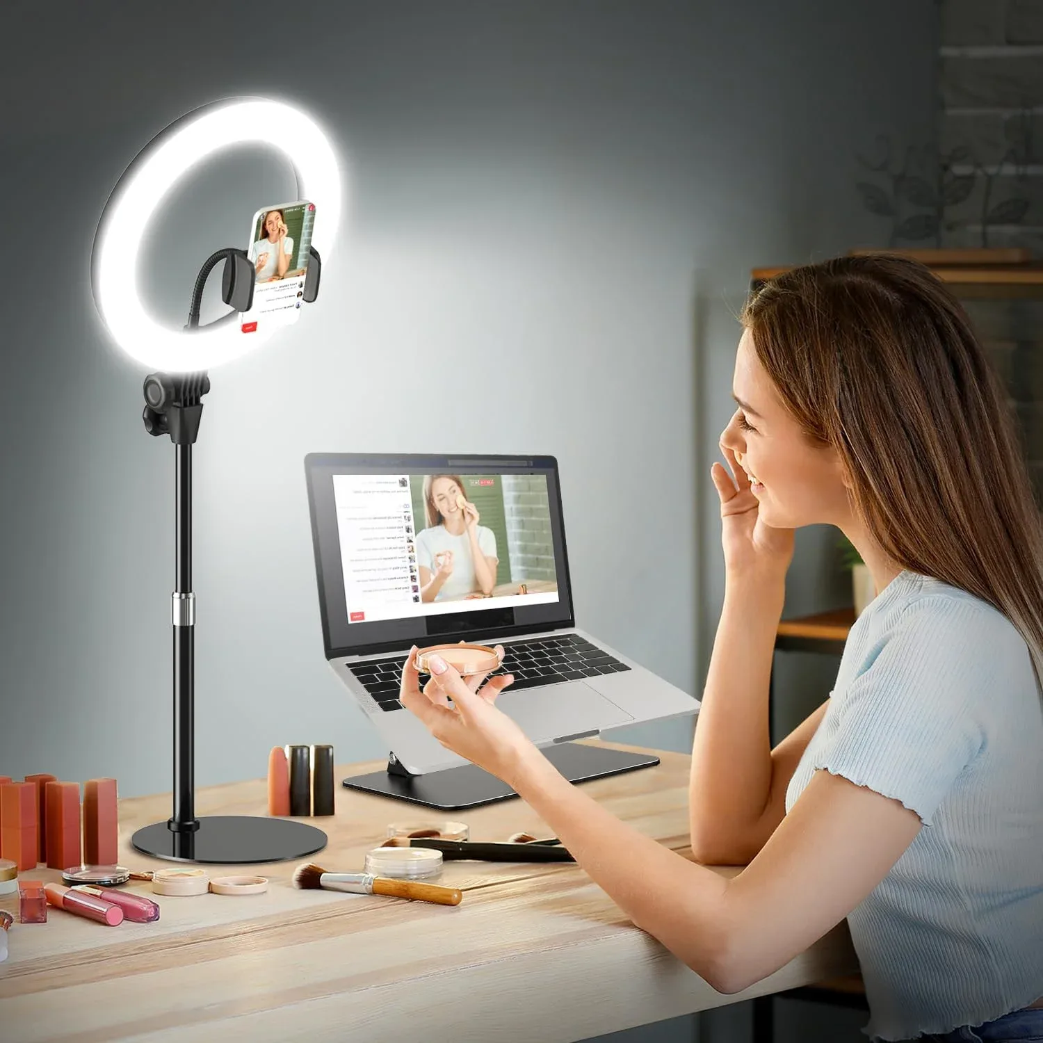 Iluminador de anillo de escritorio 10 pulgadas Evershop con soporte y sujetador de teléfono