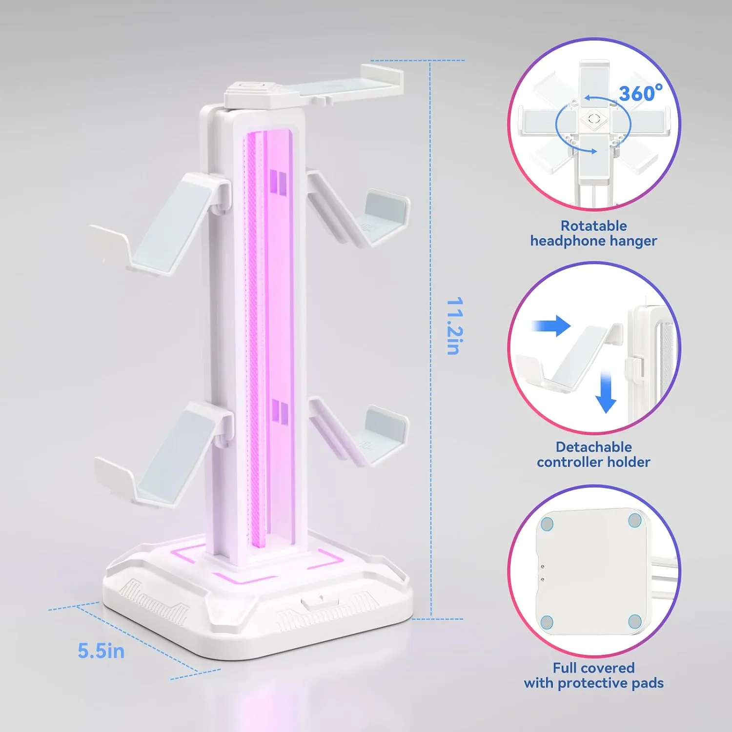 KDD RGB Headset Stand with 9 Light Modes - Controller Holder for Desk - Rotatable Headphone Stand & Detachable Controller Hook for PC Earphone Accessories(White)