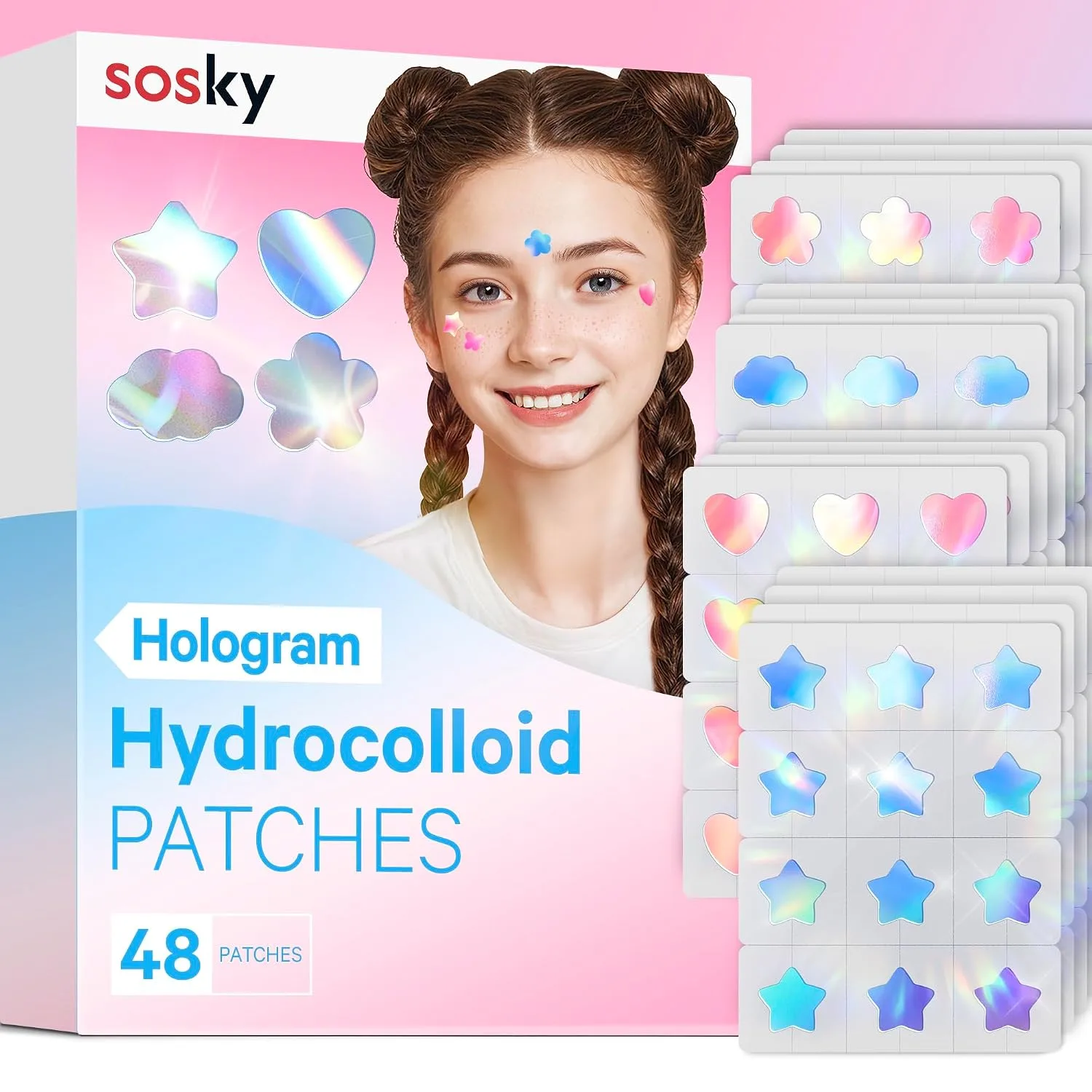 Sosky Hologram Pimple Patches for Face, Hydrocolloid Acne Patches with Salicylic Acid, Cute Star Zit Stickers,Colorful Blemish Covers,48 Count Blue Pink Star Heart Cloud Flower