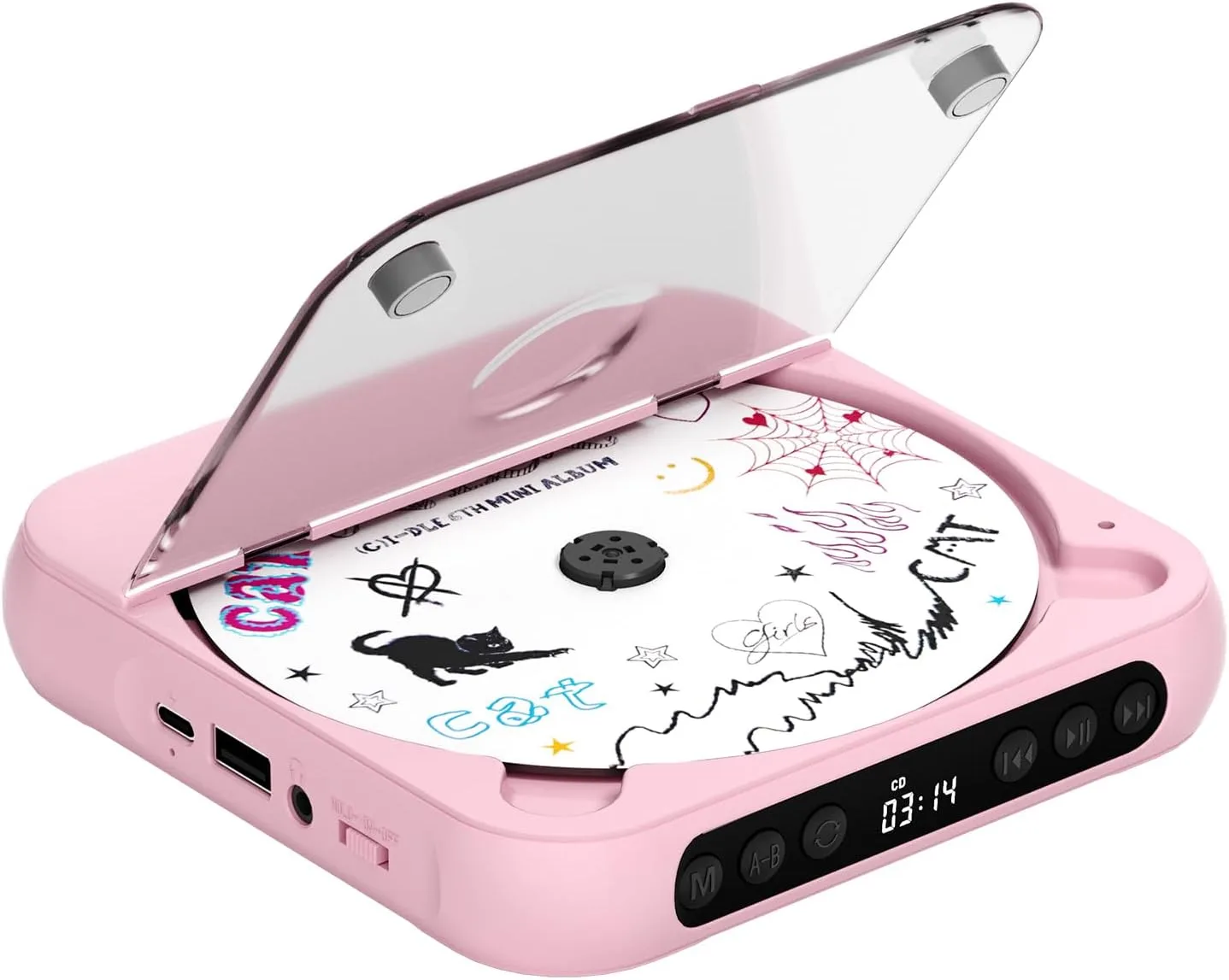 ENVYCLOUD CD Player Portable with Dual Stereo Speakers, Rechargeable Portable CD Player with Bluetooth for Home with Headphones, Support CD/AUX/USB,Pink