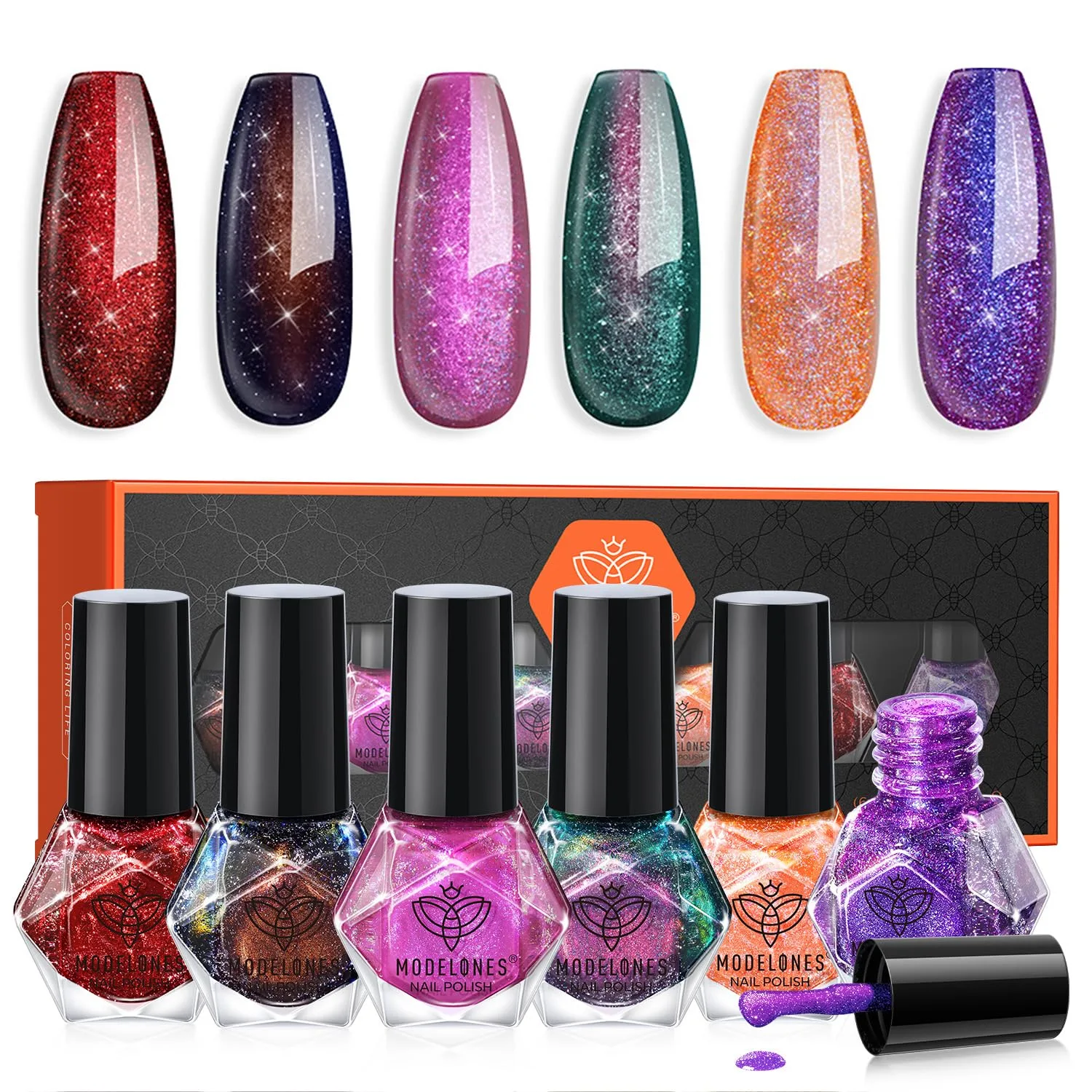 modelones Fall Nail Polish, 6 Colors Red Purple Glitter Nail Polish Set