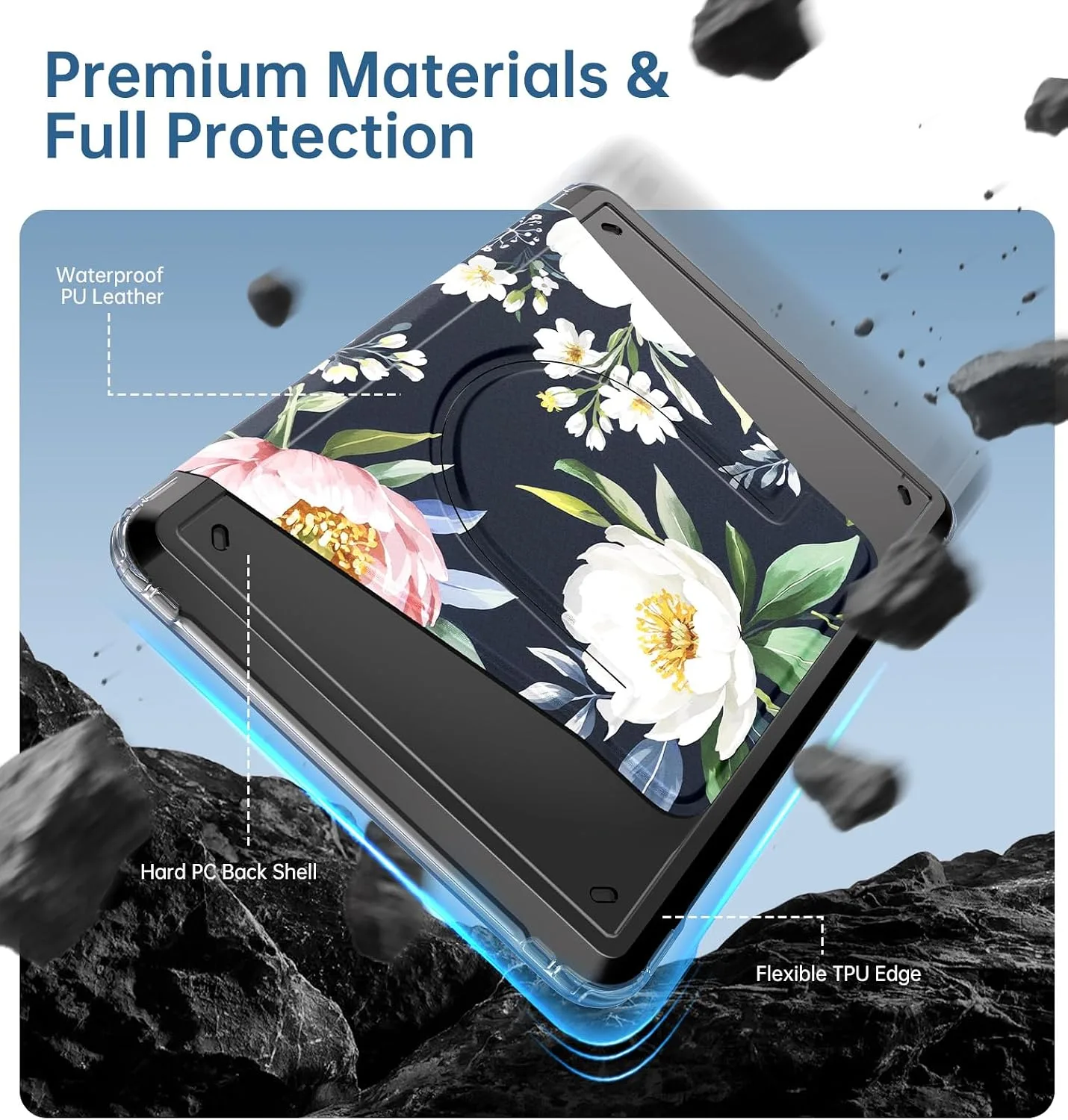 MoKo 360°Rotating Detachable Case for 7" eBook Reader, Peony on Blue