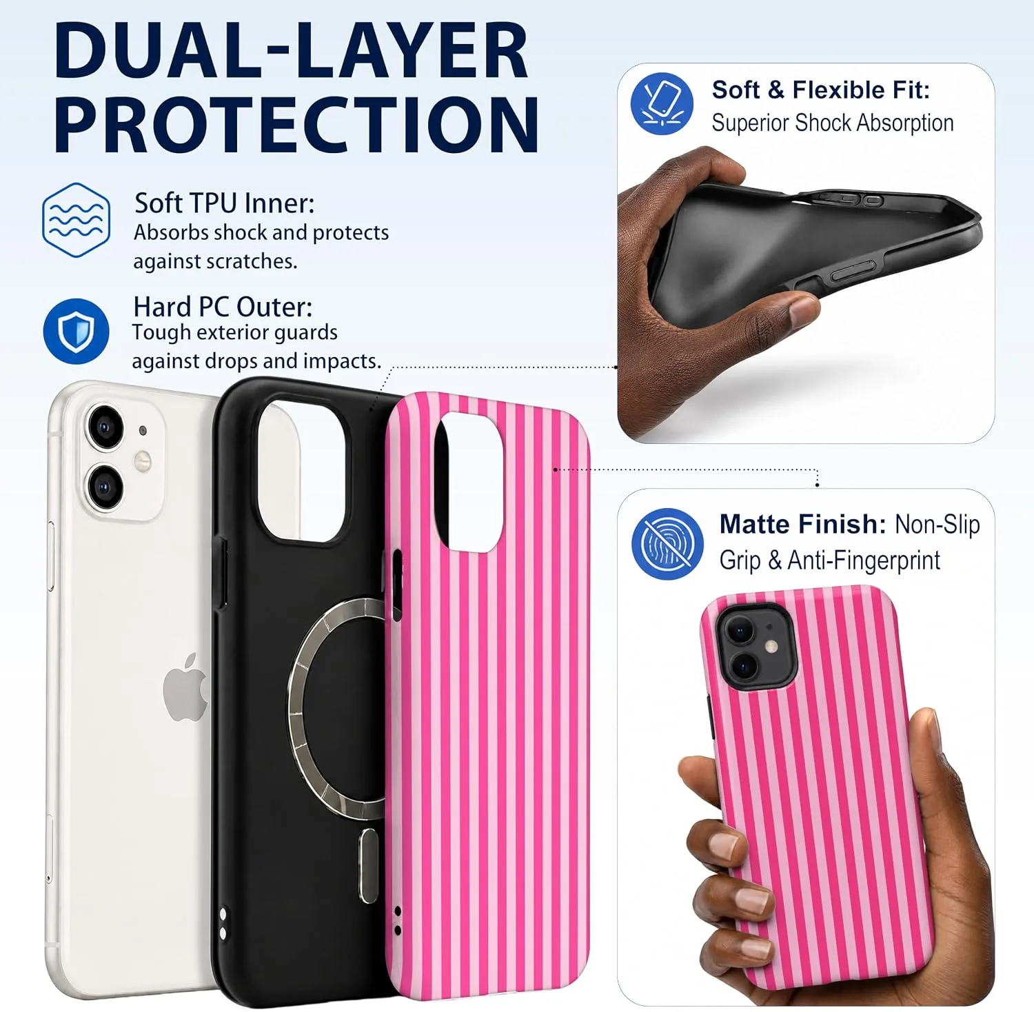 Magnetic for iPhone 11 Phone Case, Cute Aesthetic Hot Pink Striped