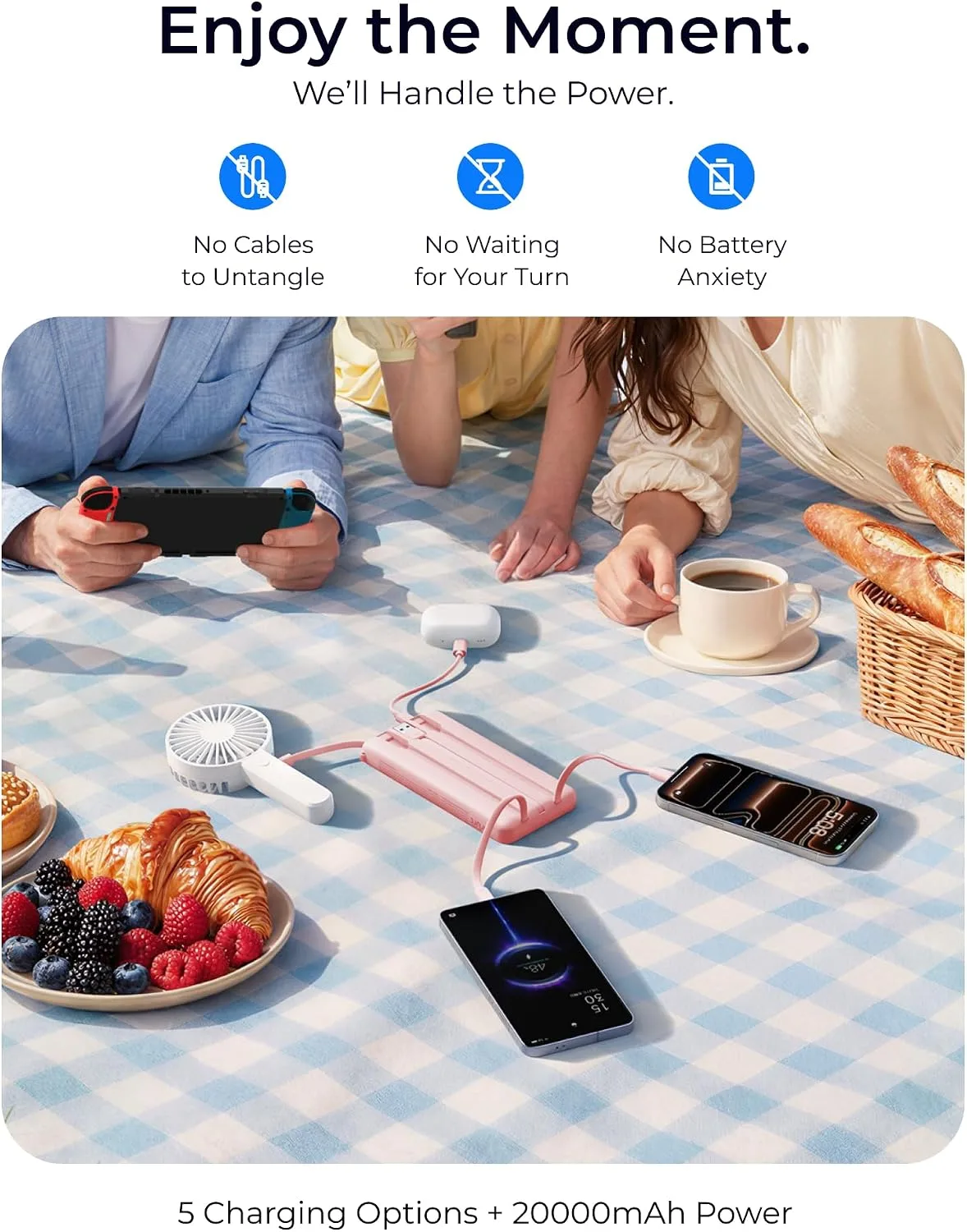 VRURC Portable Charger 20000mAh 4-Built-in-Cable Fast Charging Power Bank