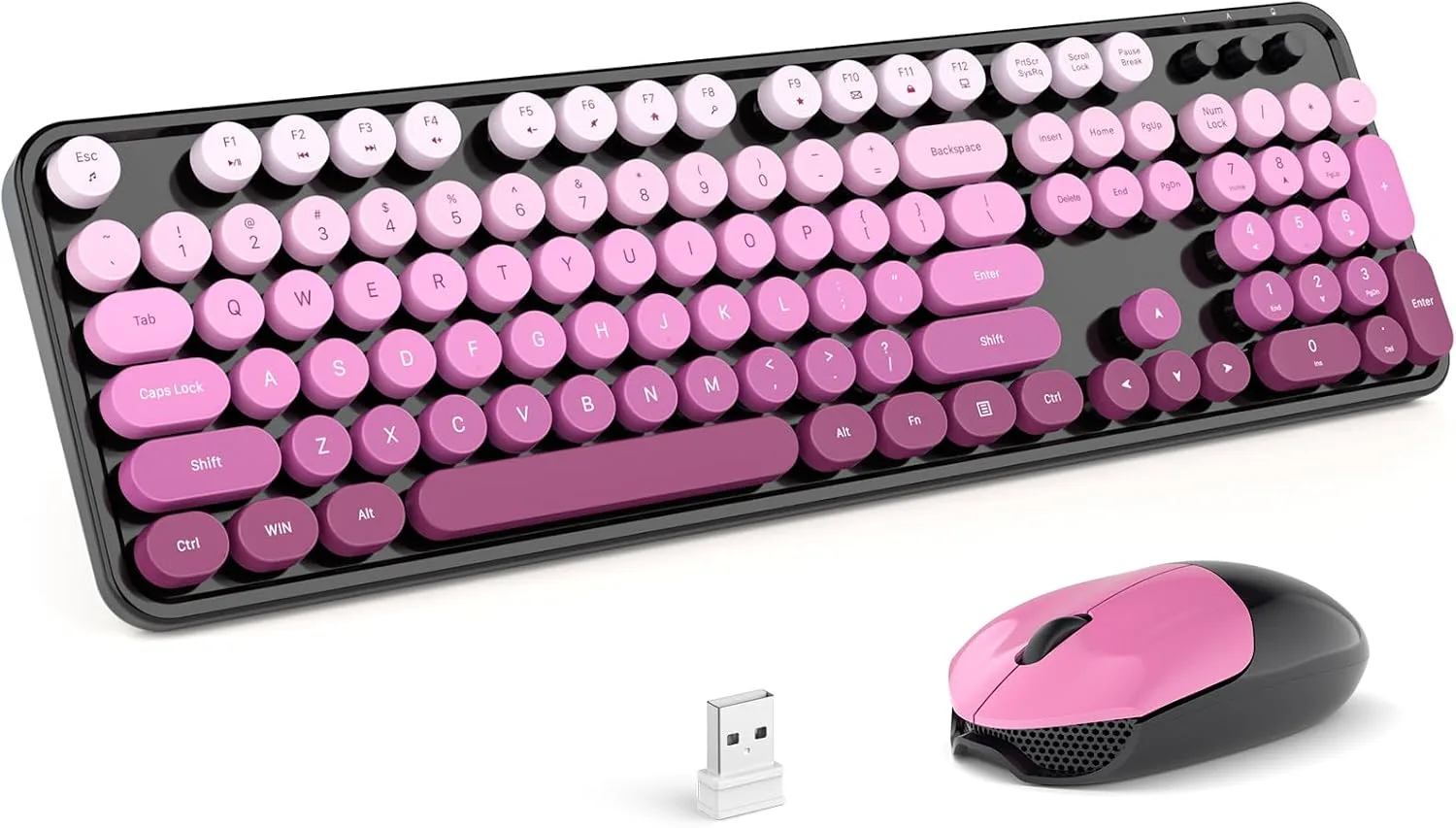 MOFII Wireless Keyboard and Mouse Combo, Full Size 2.4G Plug and Play Typewriter Retro Round Computer Keyboard and Mouse Set for Windows, Computer, Desktop, PC, Notebook - (Black Pink Gradient)