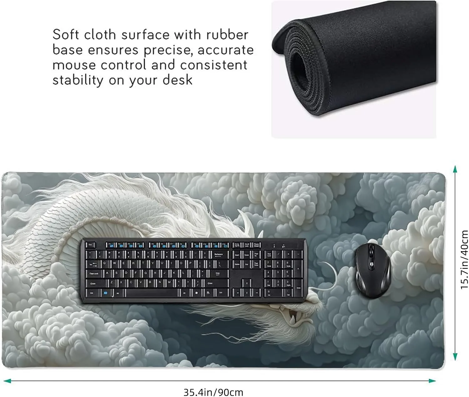 Large Chinese Dragon Mouse Pad, Non-Slip Natural Rubber Desk Mat with Stitched Edges, White and Gray, 35.4 x 15.7 Inches, Gaming